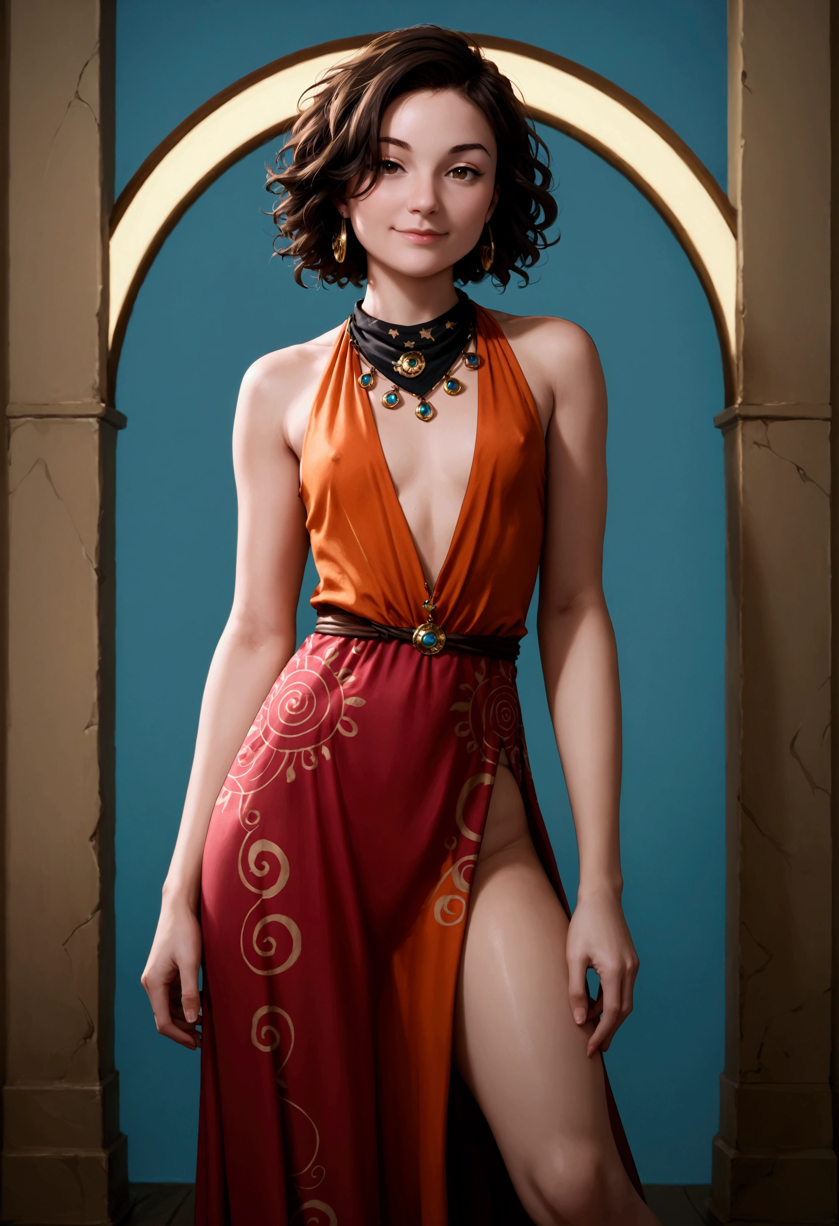 score_9, score_8_up, score_7_up, score_6_up, 16k, high detailed picture, realistic style, masterpiece, very young girl, no panty, perfect absolutely small breasts, disheveled hair, full body shot, rounded face, catlike smile, long tight dress with low-cut, large slit, Grey1024, Hippie fashion (tie-dye anything, spiral patterns, bandana), pelvic curtain
