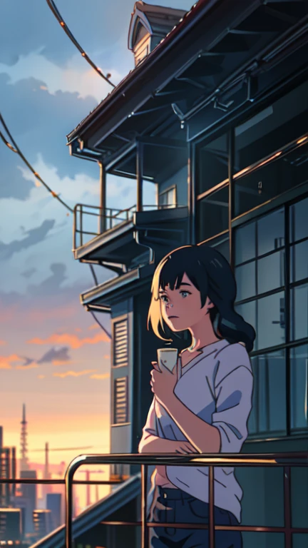 A girl standing on the balcony with a cup of coffee, cgsociety 9, relax,  Alena Aenami and Artgerm , makoto shinkai and artgerm, Aesthetics of Lofi , anime scenery, makoto shinkai and (cain kuga ),   aesthetics lofi  , anime landscape, anime nature, Roof bottom,  anime wallpaper 