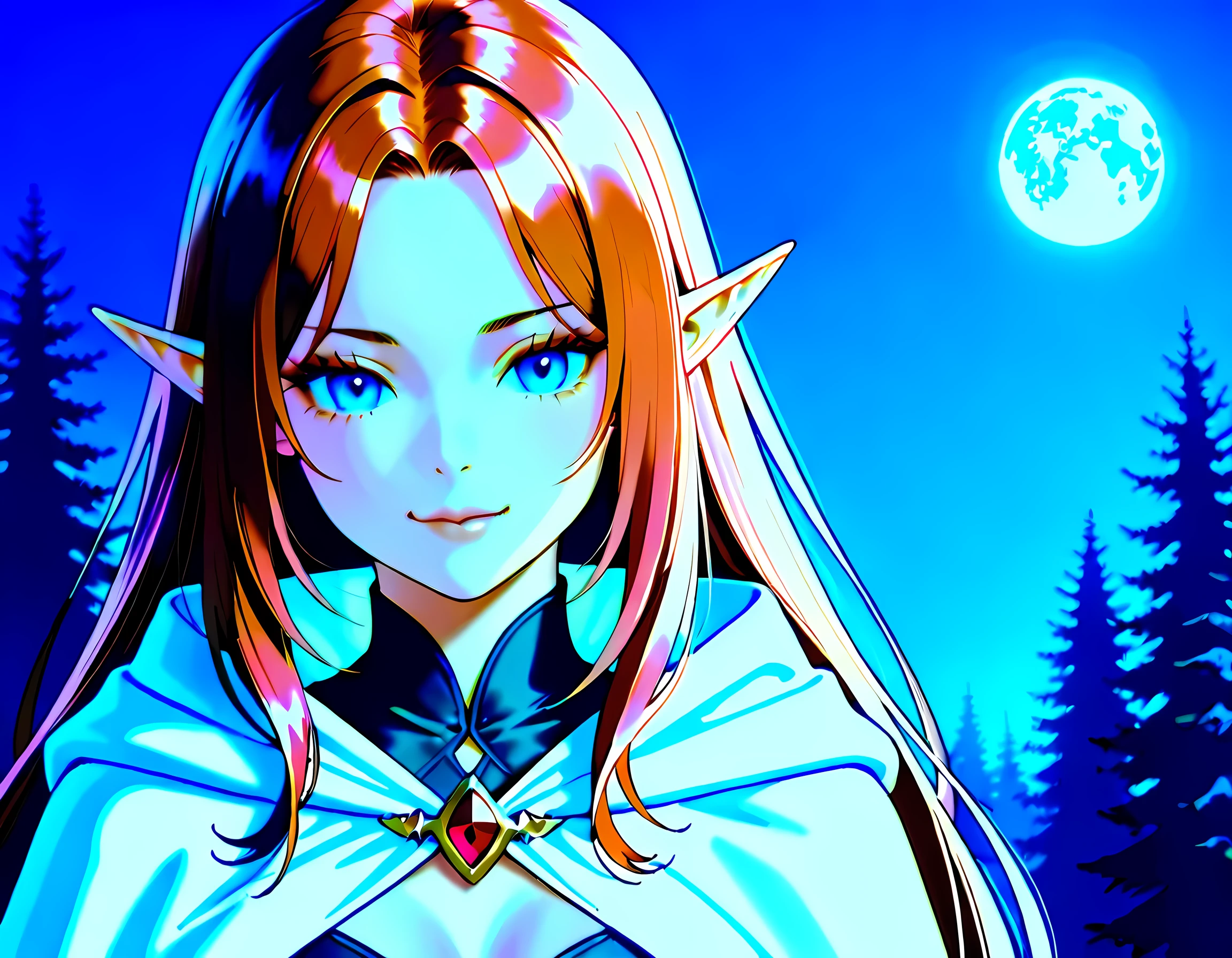 a portrait of a female elf vampire traveling on the forest road, an exquisite beautiful female elf (ultra details, Masterpiece, best quality), red hair, small pointed ears, pale skin, long hair, blue eyes, smirking, wearing dark black silk dress, intricate dress, dress (ultra details, Masterpiece, best quality), white cloak, in dark fantasy forest at night, dark trees, the moon is high in the sky, best anatomy, high details, best quality, 16k, [ultra detailed], masterpiece, best quality, (extremely detailed), close up, ultra wide shot, photorealistic, RAW, fantasy art, dnd art, fantasy art, realistic art,((best quality)), ((masterpiece)), (detailed), perfect face, RAW, dark fantasy art, anime, NRART, fangs style