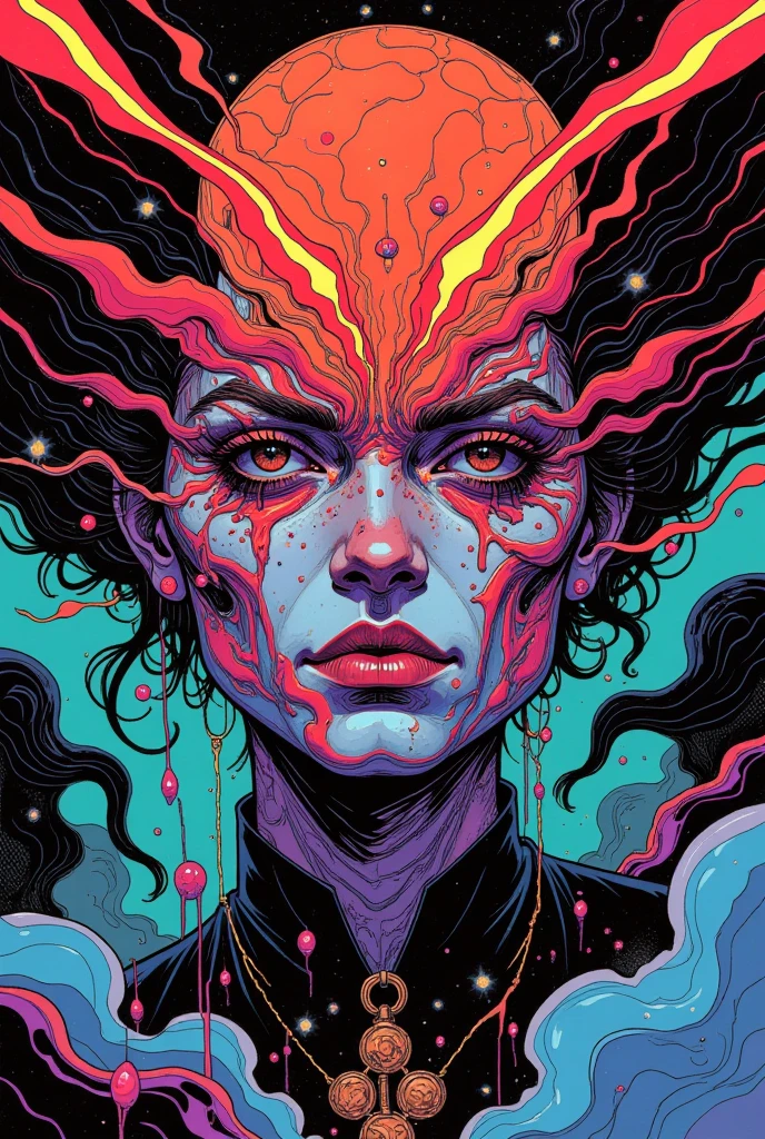Medusa, splash page decompressed comic cover art, ink style figure,((expressive Joelle Jones and "Sean Gordon Murphy" comic drawing)), wordless, cinematic poster, double exposure, optical illusion, image within image, abyss void black no visibility darkness, full length portrait, (background, pine barrens, entropy, rewilding, magic hour sunset, galaxy stars, cosmos), (horror, abstract, surreal, body, cosmic), candid, snake skin dress, morphology anatomy drawn Frederic Delavier musculature anatomical illustration, (face, ornate black metal corpse paint, resembles Grace Jones), (body, Naga, snakefolk, lower body snake tail, snake woman hybrid, bald, hairless, skeleton, snake skin tattoos, piercing eyes, snake pupils, over the shoulder), (colors, bleak muted deep fiery radiant glowing ROYGBIV, forest green, earth brown), craftsmanship nuance, (Gerardo Zaffino charcoal), subliminal orchids, nyctophobia, silhouette