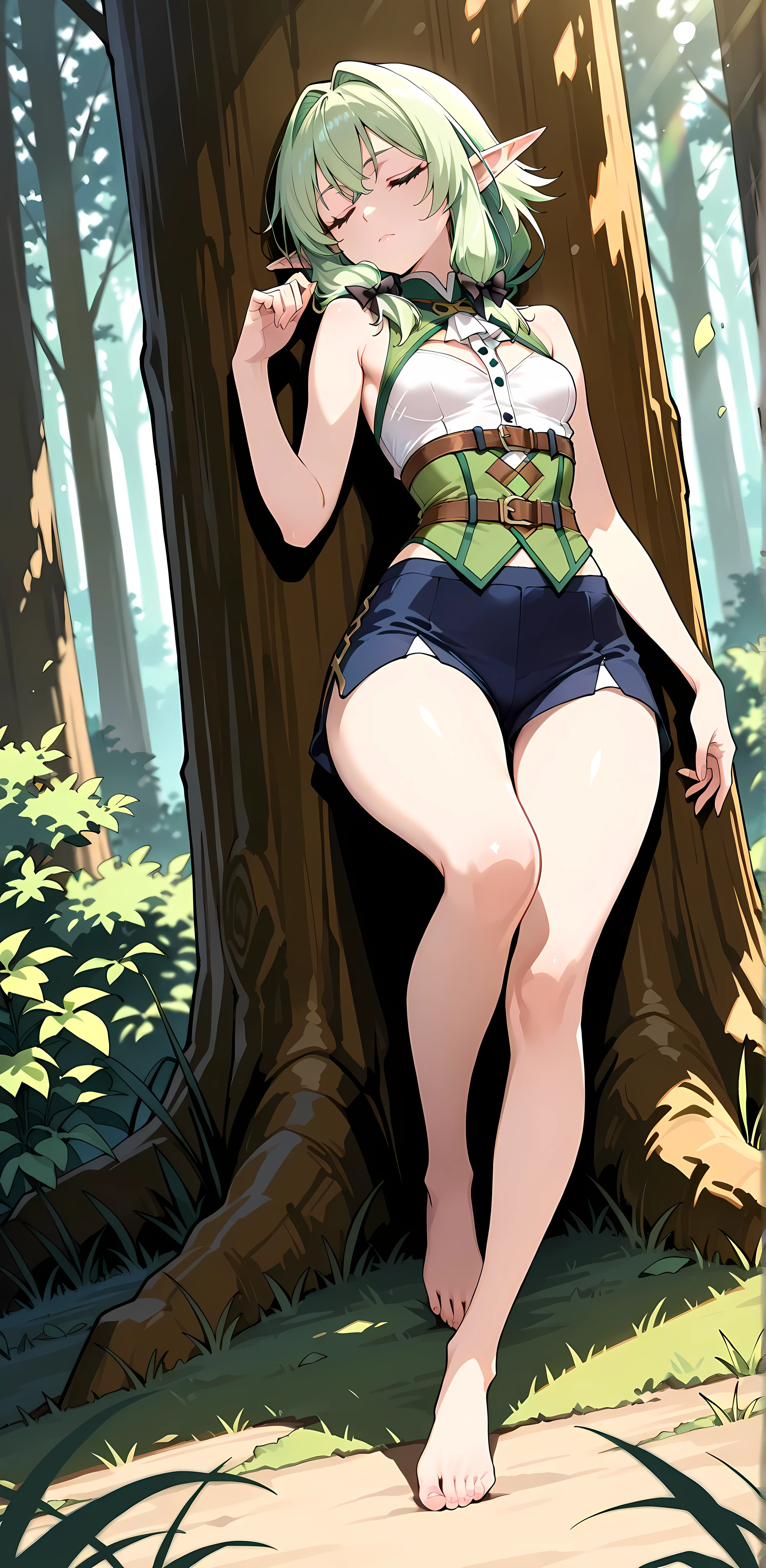 8k, (masterpiece), best quality, perfect face,perfect body, 1 woman, 1female, 1 girl,solo,detailed skin, mature female, intricate eyes, beautiful face, lips,extremely beautiful lips, full mouth, shiny skin, traight-on, thick outlines, mature female, absurdres,light and shadows, Best Quality,8k,High resolution,masterpiece:1.2), (ultra detailed), (NSFW is not safe for artwork), (Anzu Mazaki) (Yu-gi-oh setup), (pose sexual), (realist,photorealist,fotorrealista:1.37), (High DefinitionR,High Definition), (portrait), (vivid colors), (long legs), (clearly elongated face), (broad) (Hermosos detailed eyes), (beautiful detailed lips), (extremely detailed eyes and face), bright eyes Dynamic angle and posture, Award Winning, High Details,
[Scene: [ ((solo:1.5)), (an intricately detailed dynamic shot of a fourteen-year-old age female:1.2), ((((elf Girl, female elf)))), ((hyperdetailed scenery)), ((full body, dynamic pose, sleeping in the forest, barefoot, toes nailed, barelegs)), ((full mouth)), ((dynamic angle, sharp focus, depth of field, bokeh)),  ((sleeping)), (((magic forest))) ((forest)), ((barefoot))]
Body: [ ((,shiny skin, traight-on, thick outlines, slender body))),light makeups, (((5' body height, athletic, thin waist, wide hips, thin shoulders))), lips,  (head in front of view:1.5),(((round breasts, small breasts, breasts together))), ((short stature body type)),(Pointy Ears), ],
Head: [, ((pastel-green hair:1.5))), ((green hair)), ), (((sad, closed mouth:1.3))),  ((closed eyes)), ((sleeping))  ((Green Hair, Hair Over Shoulder)) ]
Clothing: [ (((((Military women clothes mix with elf archer outfit)), espada clothes, The green accents on her outfit glow faintly, ((hyperdetailed clothing and fashion)), (military short:1.3), ((elfattire)), ]], dbsb, 