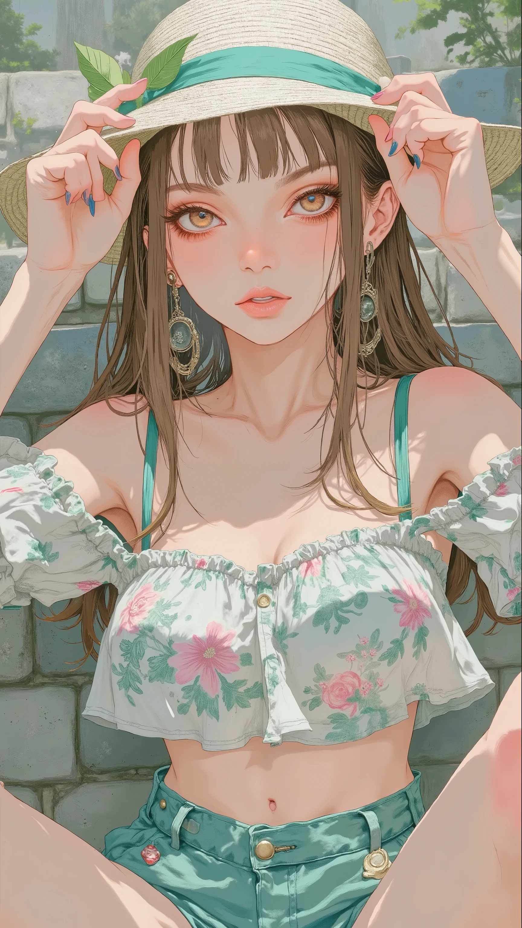 8k, masterpiece, highest quality, Surrealism,  Korea's Beautiful Women, Close-up,  frontal, long brown hair,  white sun hat, teal floral bikini, off-shoulder top, ruffled, high-cut bottom, red lipstick, defined eyes, surprised expression, hands holding hat, outdoor, stone wall, greenery, soft lighting, blurred background.

