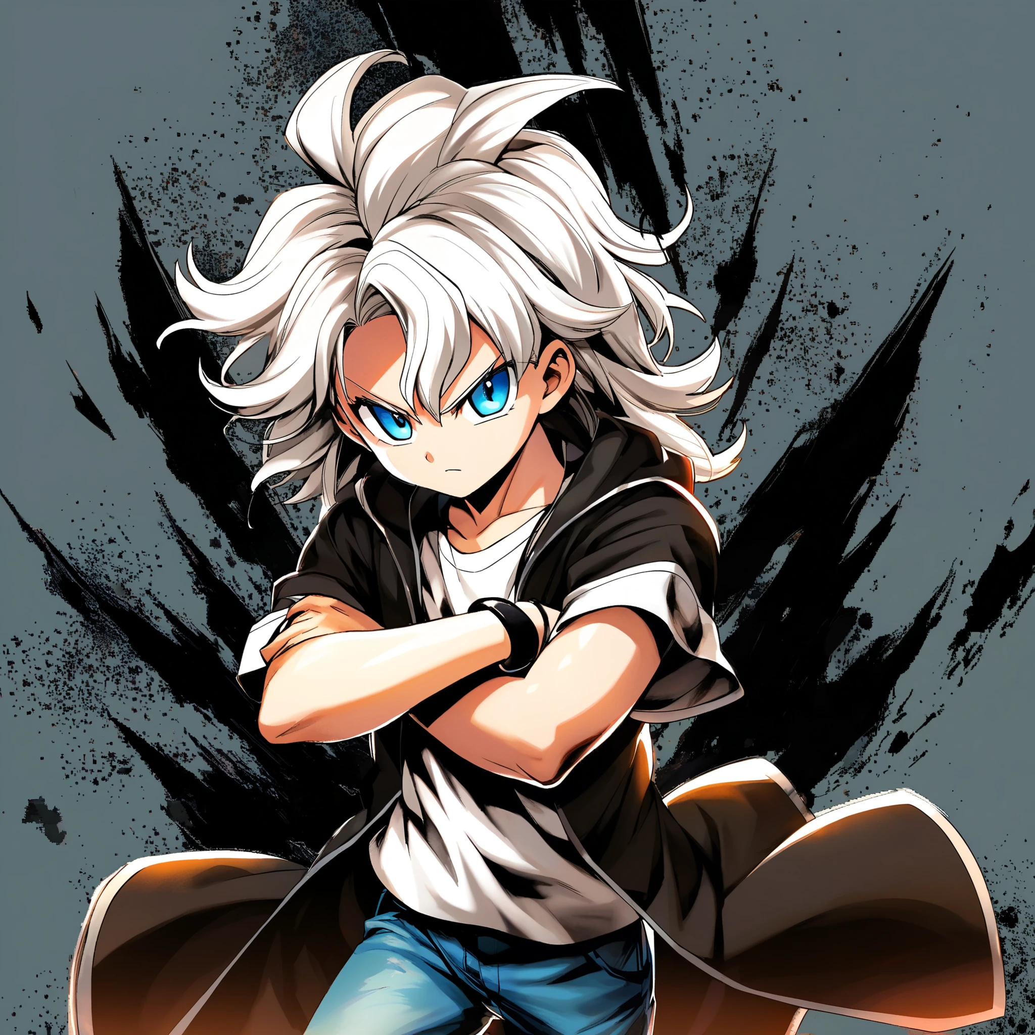  A -yeld , ssy hair ,  white hair,  bright blue eyes , black coat, white shirt,  jeans, Black bracelet on wrist, determined and cheerful look 