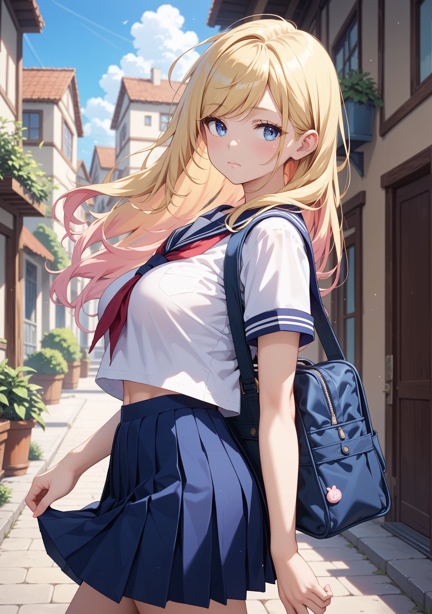 top-quality、realistic touch,Photorealistic Lighting、 Erotic sailor suit、Elementary school girls、huge smile、flushed cheeks、ruddy skin、full bodyesbian、a short skirt、slender body、Immature children、See-through costumes、Kamimei、Caucasians with blonde hair、skin tanned、Carrying a school bag on your back、Angle from above、Very short skirt