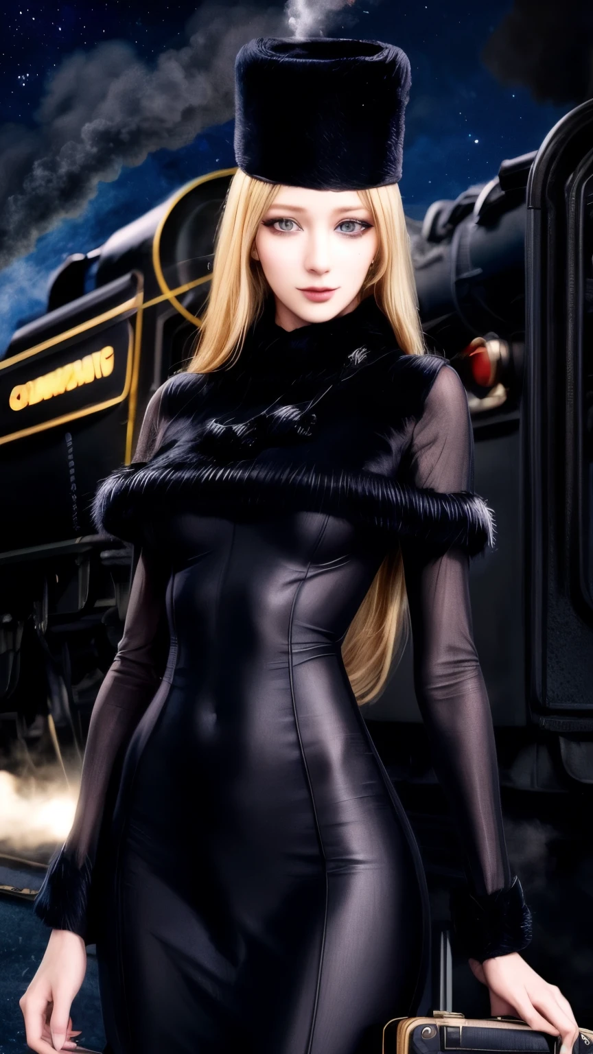 maetel, long hair, blonde hair,fur trim, black headwear, fur hat, dress,(cowboy shot:1.1), yellow eyes, (luggage:1.1), steam (train station:1.1),station platform, night, galaxy,999
best quality, highly detailed, masterpiece, absurdres,8k, (detailed eyes, deep eyes),photorealistic, realistic,detailed skin texture, detailed pupils,HDR,
1woman,(happy:1.1),smile, (angular face:1.2),shiny face,large breasts, (narrow waist:1.1), lip makeup,long eyelashes