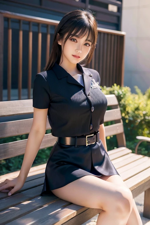 Top quality, RAW photo, super high resolution, smile, 17 year old Korean, very big round breasts, school uniform, collared shirt, ribbon, yellow plaid skirt, hair fastening, beautiful eyes, very thin mouth,, beautiful eyes in detail, cut eyes, dark cheek makeup, long eyelashes, beautiful double eyelids, eye shadow, Beautiful thin legs, beautiful thighs, earrings, necklace, school rooftop, rooftop bench, iron fence on rooftop