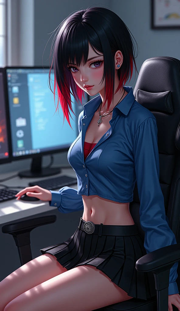 a nude girl in a gamer room, short red hair, boy and girl, high quality, high resolution, detailed background, computer, chair, sex, night