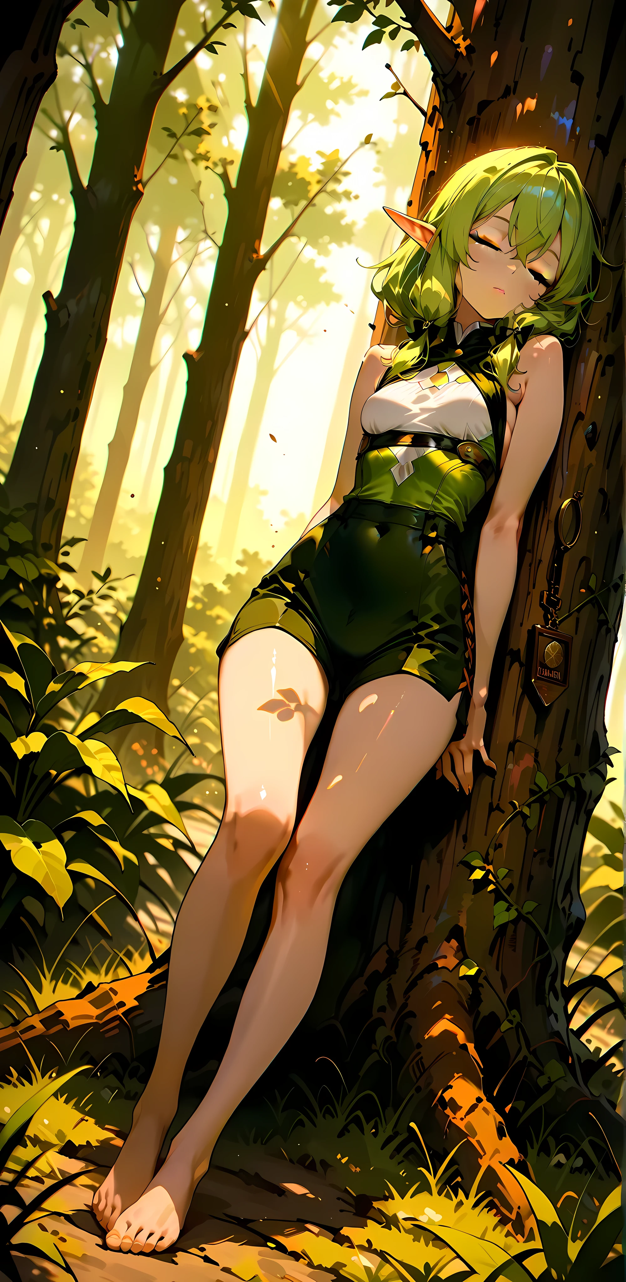 8k, (masterpiece), best quality, perfect face,perfect body, 1 woman, 1female, 1 girl,solo,detailed skin, mature female, intricate eyes, beautiful face, lips,extremely beautiful lips, full mouth, shiny skin, traight-on, thick outlines, mature female, absurdres,light and shadows, Best Quality,8k,High resolution,masterpiece:1.2), (ultra detailed), (NSFW is not safe for artwork), (Anzu Mazaki) (Yu-gi-oh setup), (pose sexual), (realist,photorealist,fotorrealista:1.37), (High DefinitionR,High Definition), (portrait), (vivid colors), (long legs), (clearly elongated face), (broad) (Hermosos detailed eyes), (beautiful detailed lips), (extremely detailed eyes and face), bright eyes Dynamic angle and posture, Award Winning, High Details,
[Scene: [ ((solo:1.5)), (an intricately detailed dynamic shot of a fourteen-year-old age female:1.2), ((((elf Girl, female elf)))), ((hyperdetailed scenery)), ((full body, dynamic pose, sleeping in the forest, barefoot, toes nailed, barelegs)), ((full mouth)), ((dynamic angle, sharp focus, depth of field, bokeh)),  ((sleeping)), (((magic forest))) ((forest)), ((barefoot)) ((bioluminescent plants))]
Body: [ ((,shiny skin, traight-on, thick outlines, slender body))),light makeups, (((5' body height, athletic, thin waist, wide hips, thin shoulders))), lips,  (head in front of view:1.5),(((round breasts, small breasts, breasts together))), ((short stature body type)),(Pointy Ears), ],
Head: [, ((pastel-green hair:1.5))), ((green hair)), ), (((sad, closed mouth:1.3))),  ((closed eyes)), ((sleeping))  ((Green Hair, Hair Over Shoulder)) ]
Clothing: [ (((((Military women clothes mix with elf archer outfit)), espada clothes, The green accents on her outfit glow faintly, ((hyperdetailed clothing and fashion)), (military short:1.3), ((elfattire)), ]], dbsb, 