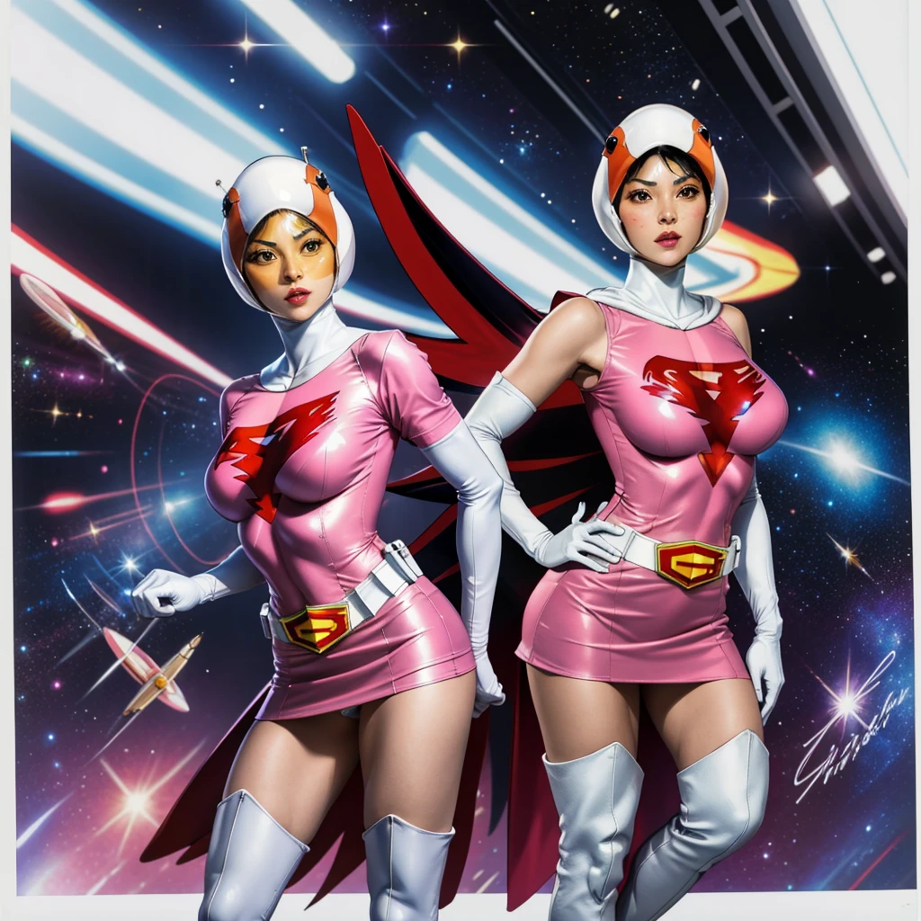 ANI_CLASSIC_jun_gatchaman_ownwaifu,1girl, 15 years old,good anatomy, masterpiece, best quality,realistic, hyperrealistic, 16k hdr,breasts,green eyes,lips,large breasts,lipstick,makeup,gloves,cape,helmet,belt,elbow gloves,white gloves,mask,ultra miniskirt,leotard,spacesuit,white tight overknee highheels boots,pink dress,superhero,bodysuit,cleavage,erected nipples,((jumping poses)),cameltoe