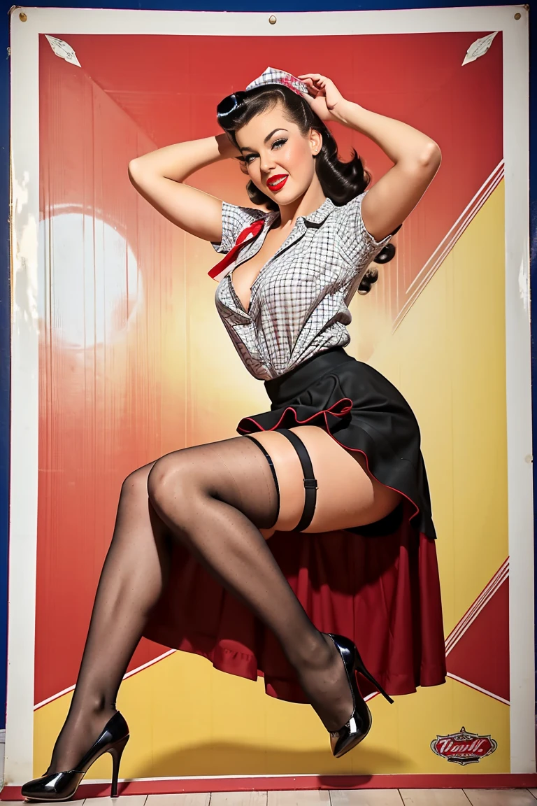 perfect sexy face, Ultra high resolution The girl leans forward at full heigh adding mystery and sexuality. (((Full length. the fluffy skirt rides up in the strong wind))) (((full skirt in pin-up style, knee length))) The dress in the style of the 1950s polka dot, ((((girl bends down to her legs.)))) stands on her feet leaning forward in the style of pin-up posters, . happy Smiling face. (((posing with her skirt up like girls on pin-up posters))) (pin up style clothes) 