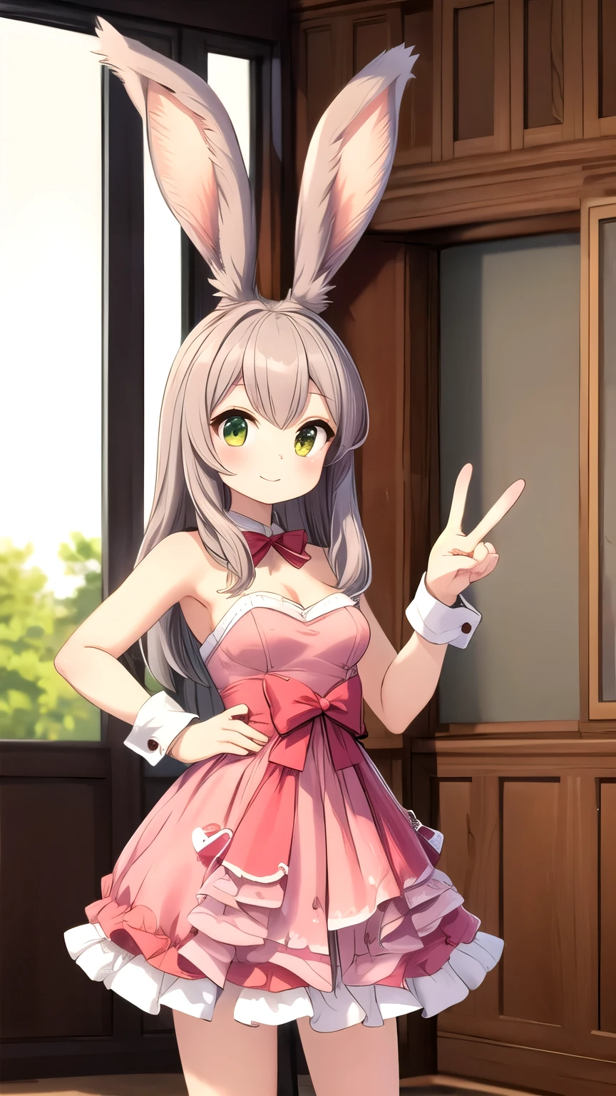 1人のviera 女子, viera, rabbit ears,Tail, staring at the viewer ,smile, peace sign, pink cute room,Heart Items,ribbon, standing, upper body,