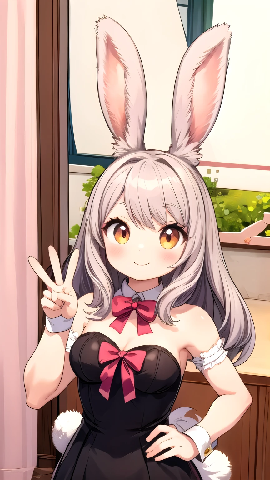 1人のviera 女子, viera, rabbit ears,Tail, staring at the viewer ,smile, peace sign, pink cute room,Heart Items,ribbon, standing, upper body,