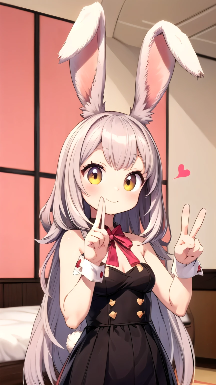1人のviera 女子, viera, rabbit ears,Tail, staring at the viewer ,smile, peace sign, pink cute room,Heart Items,ribbon, standing, upper body,