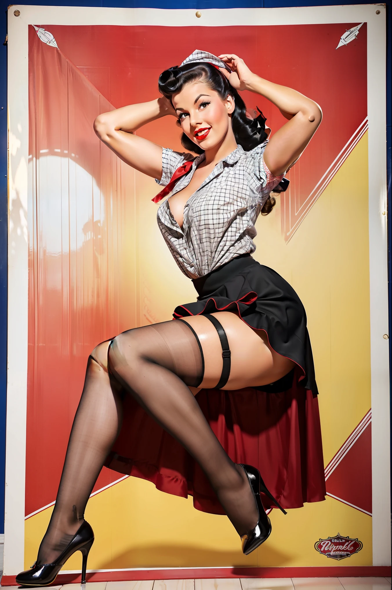 Ultra-high resolution The girl leans forward at full height adding mystery and sexuality. (((Full length. the fluffy skirt rides up in the strong wind))) (((full skirt in pin-up style, knee-length)))
The dress in the style of the 1950s, complete with a full skirt and petticoat, a red bandana on the head, and black stockings on the legs. ((((girl bends down to her legs.)))) Stands on her feet, leaning forward in the style of pin-up posters. Happy smiling face. (((posing with her skirt up like girls on pin-up posters))) (pin up style clothes), she wears pinup style artisan high-heels.
The photo is made in pin-up style. Overposing, strong posing like a model, the skirt rides up a lot in the wind. the skirt rides up in the wind, the model holds it with her hand.
The model has a pin-up style with her hair styled in victory rolls, associated with Veronica Lake. She has plump sexy red lips, depicting an American housewife, against a single-color background Ultra high resolution in stock photography style.
The dress is minimalist in large checks in the style of the 1950s, complete with a full skirt and petticoat, a red bandana on the head, and shiny black stockings on the legs. The photo is made in pin-up style. Emphasizing the retro-USA vibe. Her hair in a 50s pin-up style and open mouth creates the image of a glamorous girl. Plain studio background,