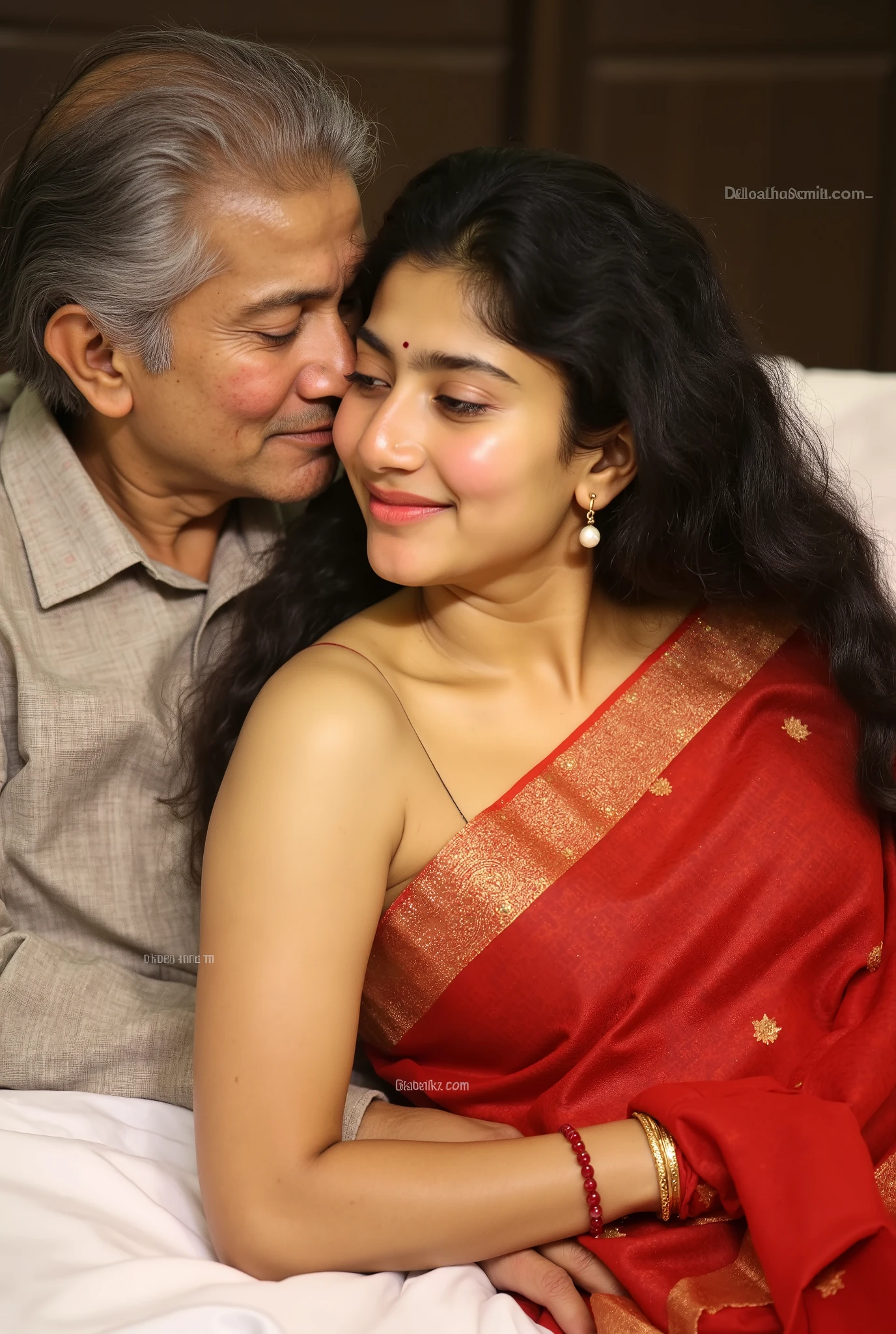 sai pallavi beautiful actress full body, wearing red transparent sexy saree with sleeveless,  laydown on bed, showing her sexy navel, showing her armfit,, looking at front camera, old man kissing her, realistic image, photoshoot, enhanced details,
