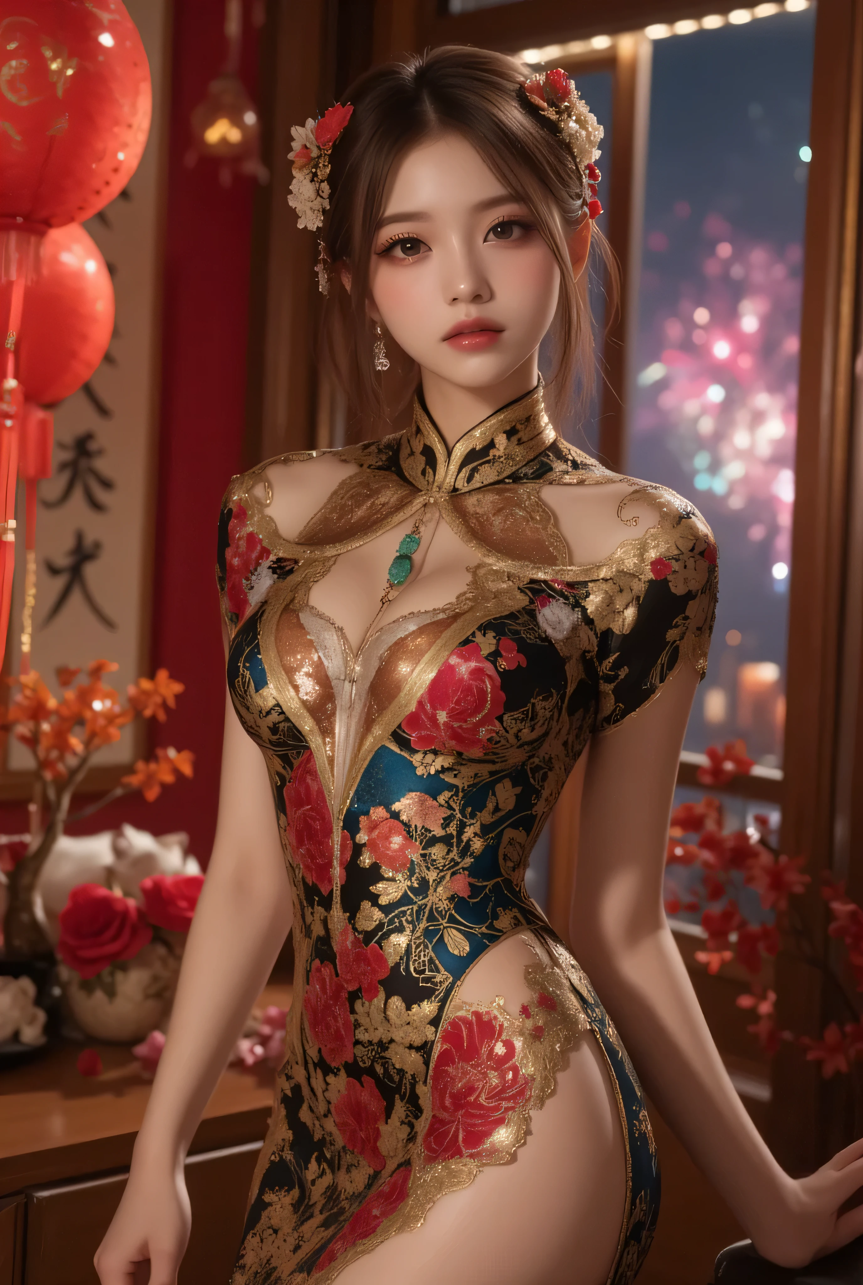 Cat ears、 face up, attractive, pretty girl, ponytail、few beautiful lady hair decorations, (( fine facial features , eroticism)), dramatic lighting , realistic , 8k, Dramatic Shadows , intricate and elaborate patterns , super detailed photo , chiaroscuro lighting , Pleasant colors , deep contrast , super real 、 pink lipstick、 warm room、Vintage Fireplace 、 cinematic composition、Close-up of face, pretty half part transparent open shoulder loose outfits dress, tang style, A beautiful Korean idol wearing a one piece red-green-blue-black-silver-gold tightly cheongsam with phoenix and intricate floral golden embroidery, golden and silver outline on dress, standing gracefully in a room filled with traditional Chinese New Year decorations. The room features vibrant red lanterns, decorative calligraphy scrolls, a small Chinese orange tree with golden ornaments, and several red envelopes scattered across the floor and hanging from the tree. Adorable, playful cats are part of the scene—some sitting near the tree, others curiously pawing at the red envelopes or lounging around. Through a window or an open door in the background, vibrant Chinese fireworks light up the night sky in an array of reds, golds, and blues, casting a magical glow into the room. The idol’s outfit is paired with subtle accessories like red hairpins or earrings, complementing the festive look. The atmosphere is warm and lively, filled with the joyful essence of the celebration, enhanced by the shimmering lights of the fireworks and the lively decor.