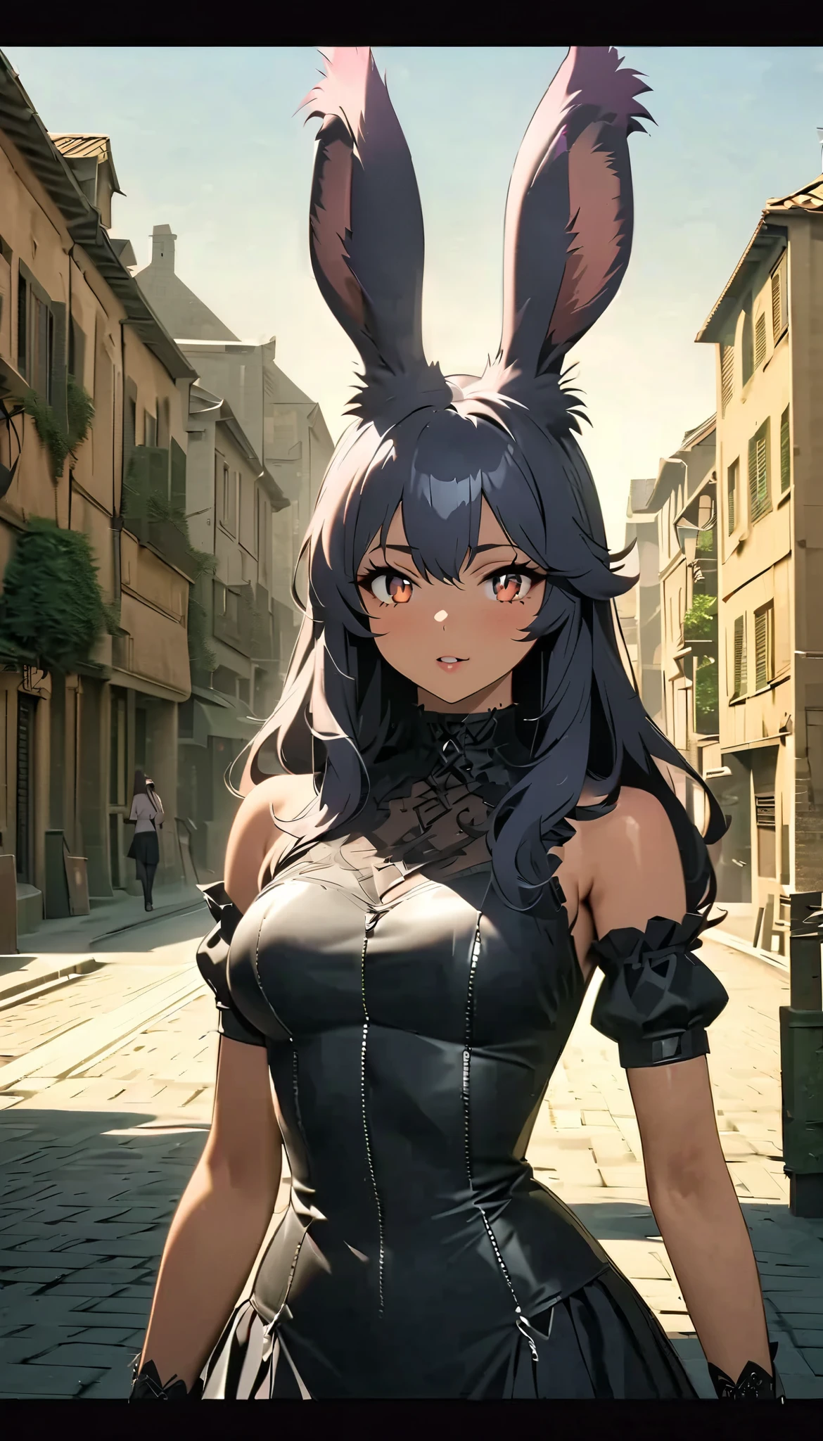 misakiao, 1girl, masterpiece, highly detailed, absurdres, illustration, game cg, solo, hair ribbon, looking at viewer, blush, city street, (bunny), bunny ears, strapless leotard, detached collar, pantyhose, high heels, standing