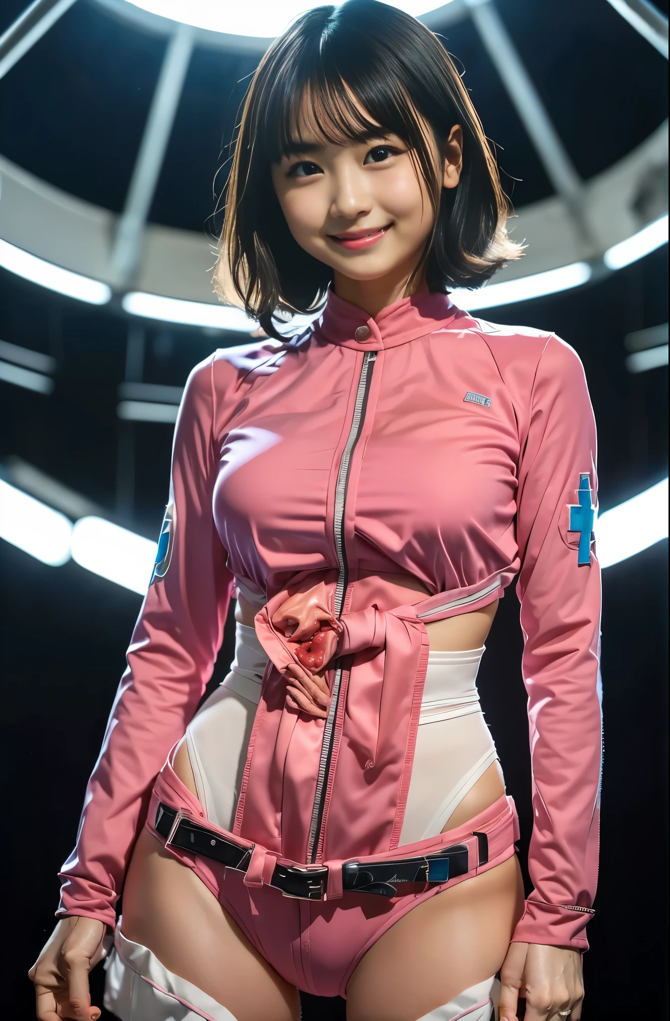 star trek female uniform、Star Trek Cosplay、((Pink and black two-tone micro dress uniform))、Pink micro mini skirt、body conscious uniform、(gigantic breasts:1.5)、