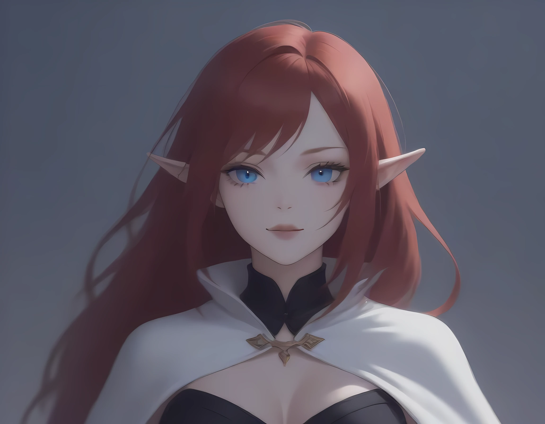 a portrait of a female elf vampire traveling on the forest road, an exquisite beautiful female elf (ultra details, Masterpiece, best quality), red hair, small pointed ears, pale skin, long hair, blue eyes, smirking, wearing dark black silk dress, intricate dress, dress (ultra details, Masterpiece, best quality), white cloak, in dark fantasy forest at night, dark trees, the moon is high in the sky, best anatomy, high details, best quality, 16k, [ultra detailed], masterpiece, best quality, (extremely detailed), close up, ultra wide shot, photorealistic, RAW, fantasy art, dnd art, fantasy art, realistic art,((best quality)), ((masterpiece)), (detailed), perfect face, RAW, dark fantasy art, anime, NRART, fangs style