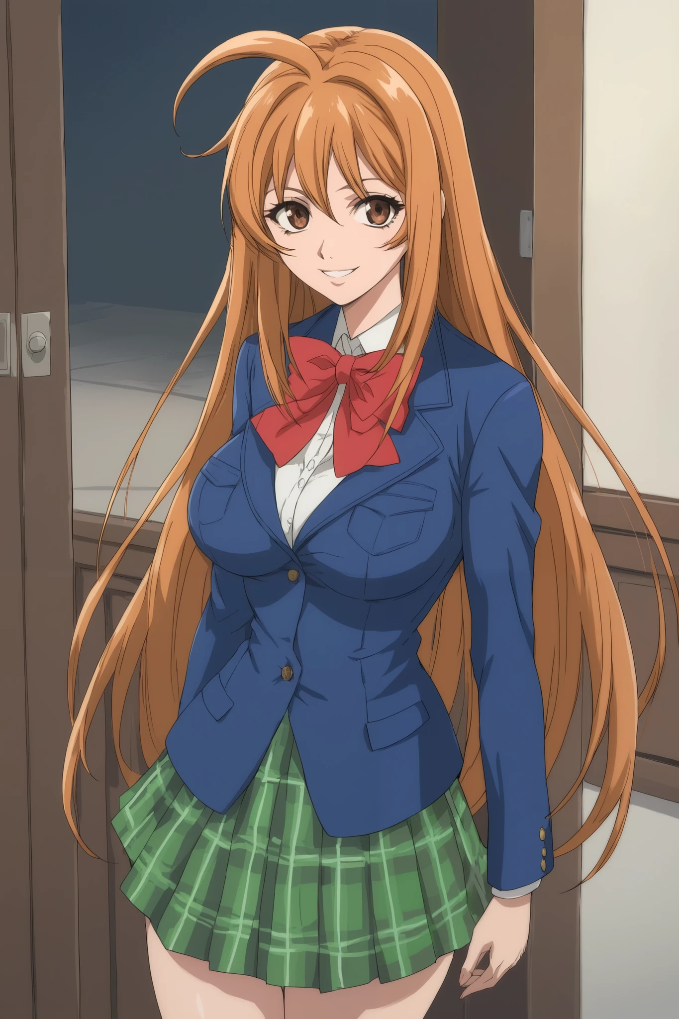 best quality,masterpiece,looking at viewer,absurdres,1girl,score_9,score_8_up,score_7_up,source_anime BREAK natsume aya,orange hair,long hair,brown eyes,ahoge,breasts,white ,skirt,bow,plaid,large breasts,jacket, plaid, green plaid skirt, blue blazer, standing, evil smile