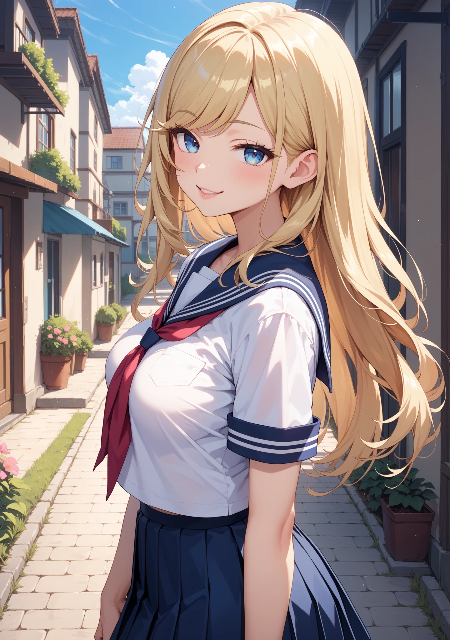 (Top quality illustrations:1.2), (pretty girl:1.1), (1 girl、17 years old、Top quality illustrations:1.2), (1 girl、Kind eyes、blue eyes:1.2)、Blonde、Semi-long hair、Mature、Beautiful breasts 、High School Uniform｛Sailor suit、Short sleeve、Pleated skirt with red plaid pattern)、Schoolyard、summer、blue sky、Sweat、smile