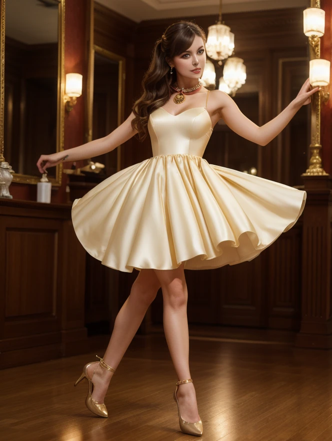 young brunette woman, brown eyes. long brown hair. short A-line strap dress made of shiny yellow satin, Tights, 项链, transparent lip gloss, narrow building, Nice, 2, Full body photo, long legs, Satin top, Standing in a bridal shop and browsing through the clothes. is enthusiastic
