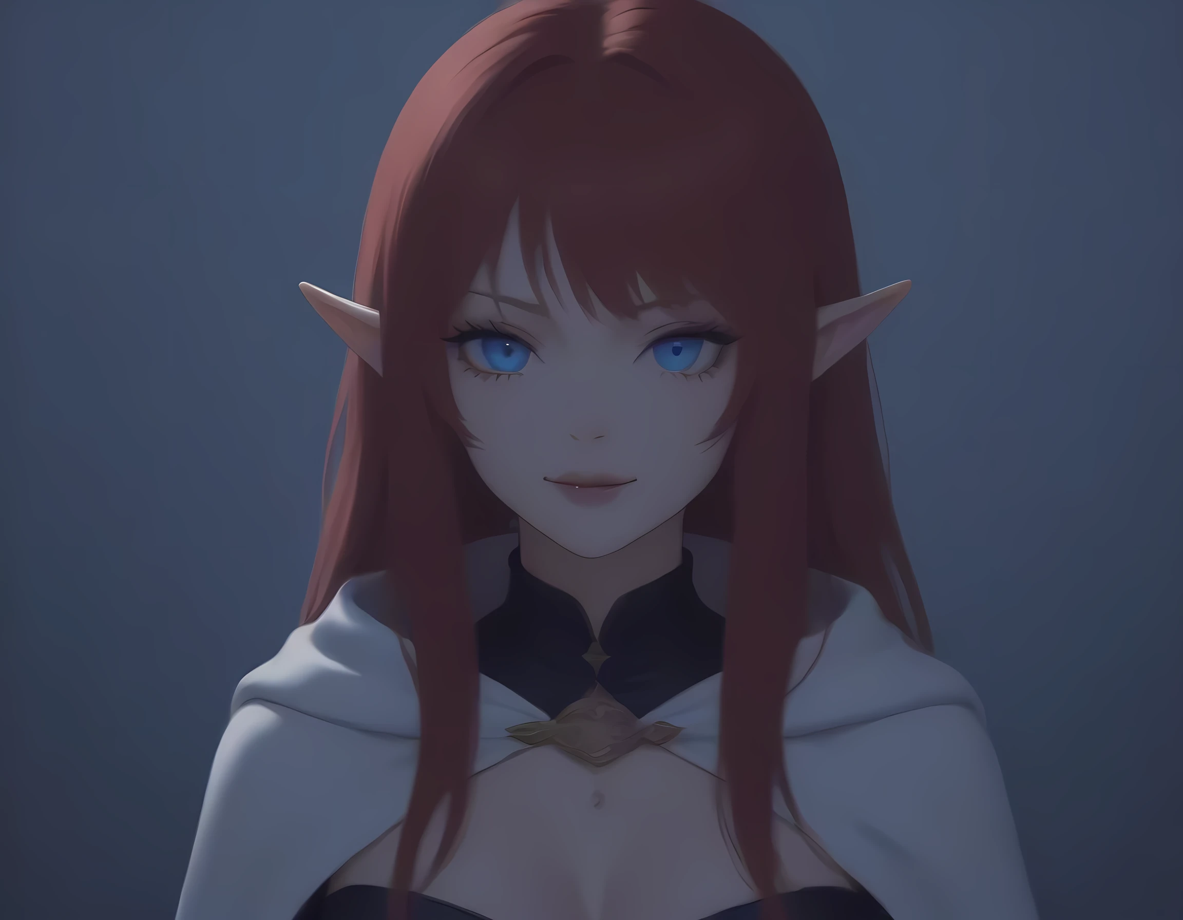 a portrait of a female elf vampire traveling on the forest road, an exquisite beautiful female elf (ultra details, Masterpiece, best quality), red hair, small pointed ears, pale skin, long hair, blue eyes, smirking, wearing dark black silk dress, intricate dress, dress (ultra details, Masterpiece, best quality), white cloak, in dark fantasy forest at night, dark trees, the moon is high in the sky, best anatomy, high details, best quality, 16k, [ultra detailed], masterpiece, best quality, (extremely detailed), close up, ultra wide shot, photorealistic, RAW, fantasy art, dnd art, fantasy art, realistic art,((best quality)), ((masterpiece)), (detailed), perfect face, RAW, dark fantasy art, anime, NRART, fangs style, Cinematic Shot