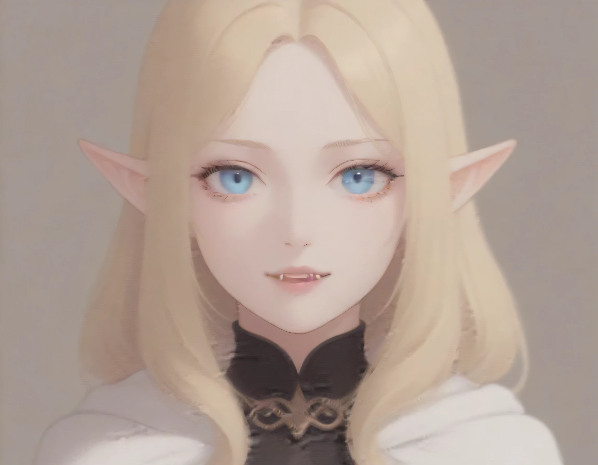 a portrait of a female elf vampire traveling on the forest road, an exquisite beautiful female elf (ultra details, Masterpiece, best quality), blond hair, small pointed ears, pale skin, long hair, blue eyes, smirking, vampire fangs, wearing dark black silk dress, intricate dress, dress (ultra details, Masterpiece, best quality), white cloak, in dark fantasy forest at night, dark trees, the moon is high in the sky, best anatomy, high details, best quality, 16k, [ultra detailed], masterpiece, best quality, (extremely detailed), close up, ultra wide shot, photorealistic, RAW, fantasy art, dnd art, fantasy art, realistic art,((best quality)), ((masterpiece)), (detailed), perfect face, RAW, dark fantasy art, anime, NRART, fangs style