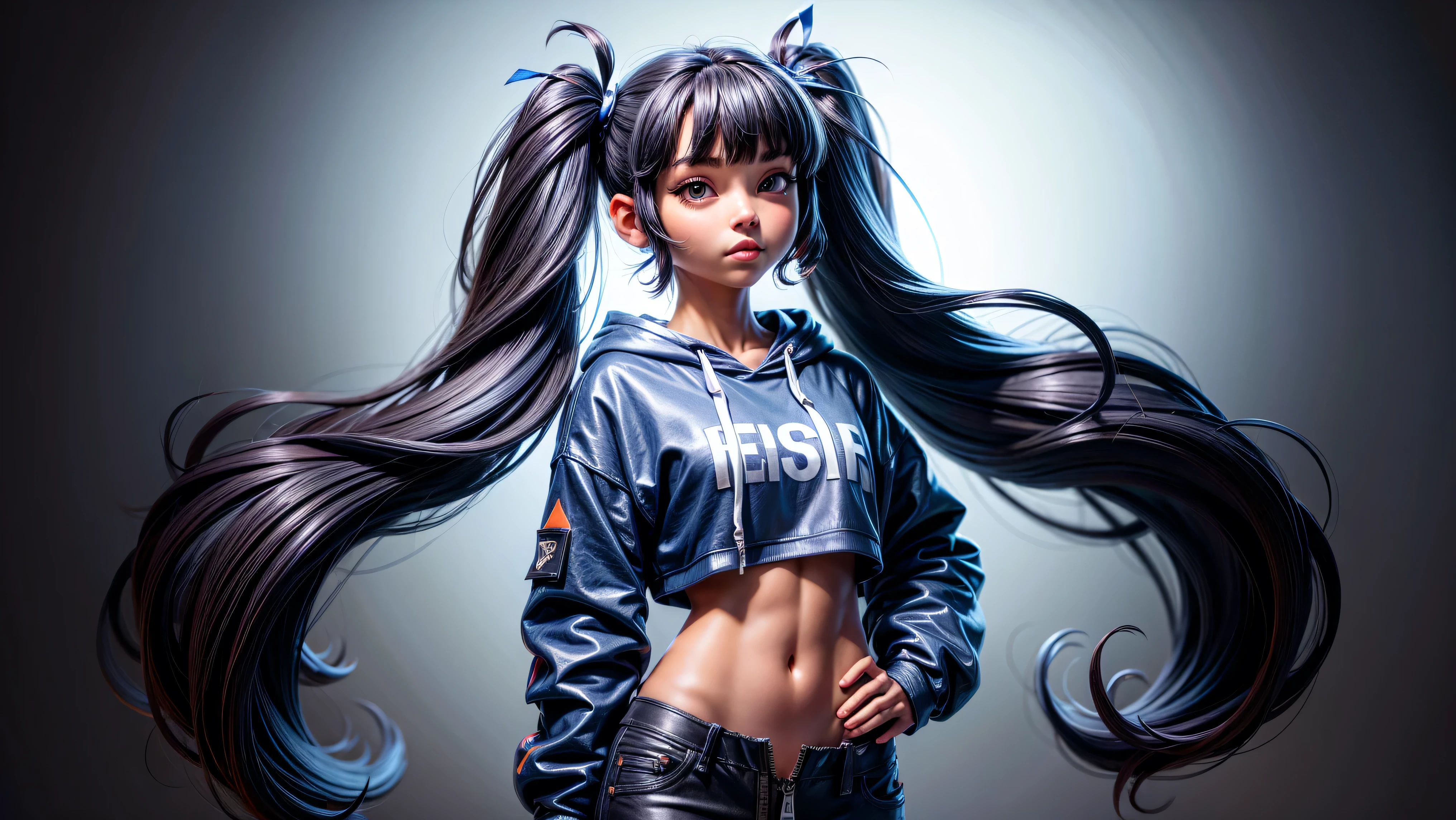 1girl, solo, long hair, hoodie, white hoodie, midriff, looking at viewer, sexy, pants low on hips, ((unbuttoned pants)), cowboy shot, (full body portrait), black hair, hip-hop, lips, sexy mouth, ribbon, hair ribbon, bangs, upper body, part side up, blue eyed, bangs, black ribbon, ribbed hoodie, twin tails, pierced nose,