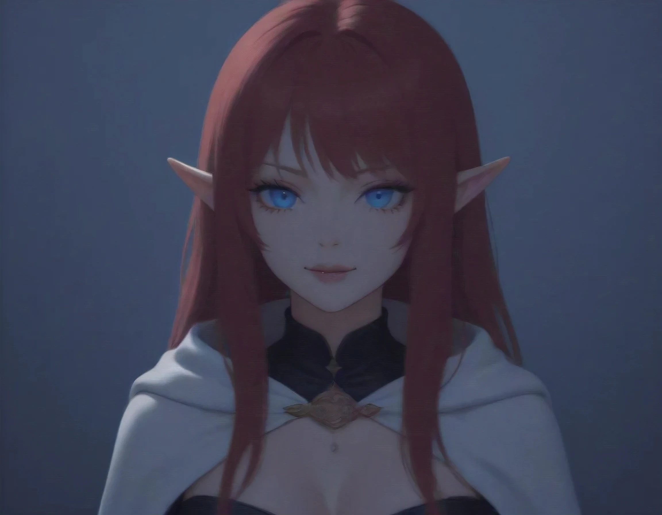 a portrait of a female elf vampire traveling on the forest road, an exquisite beautiful female elf (ultra details, Masterpiece, best quality), red hair, small pointed ears, pale skin, long hair, blue eyes, smirking, wearing dark black silk dress, intricate dress, dress (ultra details, Masterpiece, best quality), white cloak, in dark fantasy forest at night, dark trees, the moon is high in the sky, best anatomy, high details, best quality, 16k, [ultra detailed], masterpiece, best quality, (extremely detailed), close up, ultra wide shot, photorealistic, RAW, fantasy art, dnd art, fantasy art, realistic art,((best quality)), ((masterpiece)), (detailed), perfect face, RAW, dark fantasy art, anime, NRART, fangs style, Cinematic Shot
