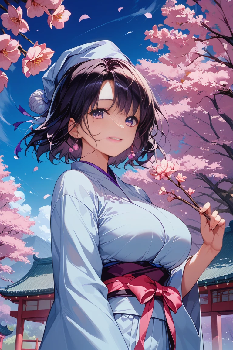 (Masterpiece:1.2, Best quality), cleavage,Large breasts,(fine detailed beautiful eyes: 1.2), 1girll, (komono:1.3), Large breasts, Bare shoulders, flowers and petals, Beautiful concept illustration, (White background:0.5), (illustration:1.1), (Extremely fine and beautiful:1.1), (Perfect details:1.1), Cowboy shot,