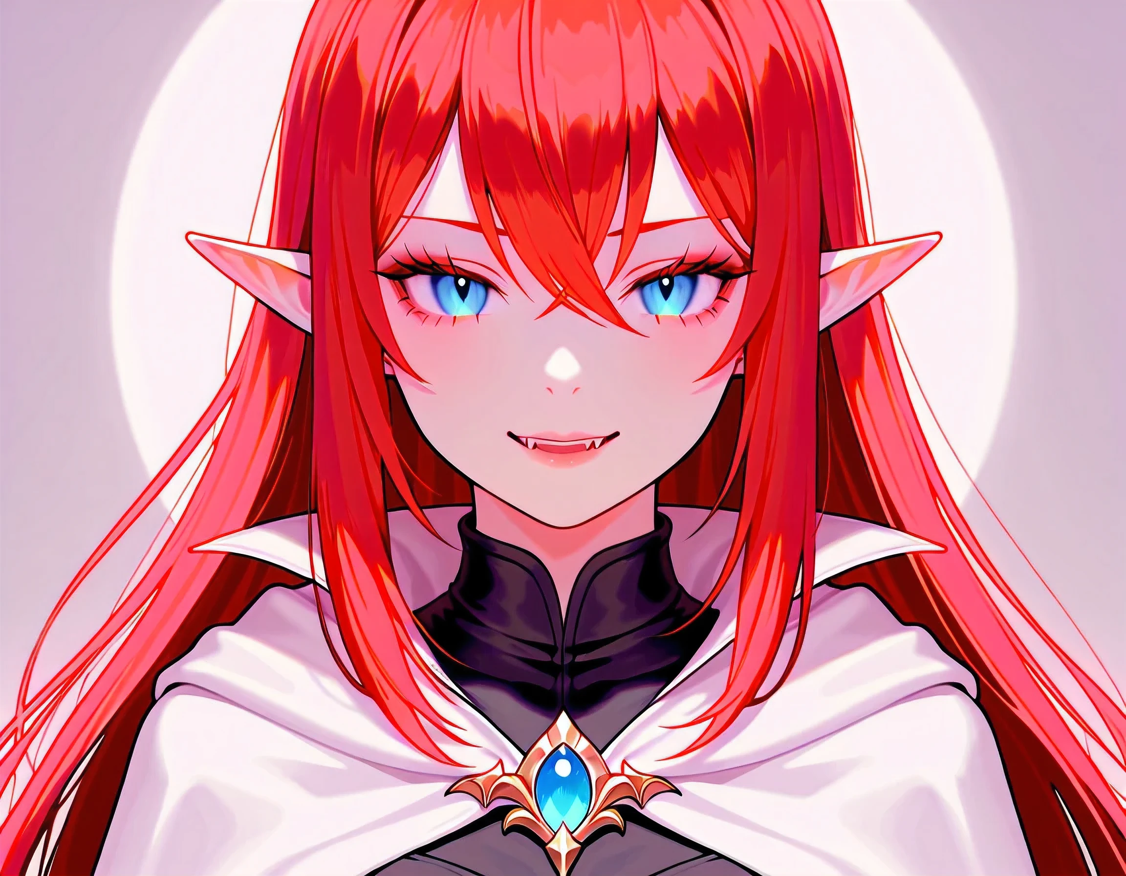 a portrait of a female elf vampire traveling on the forest road, an exquisite beautiful female elf (ultra details, Masterpiece, best quality), red hair, small pointed ears, pale skin, long hair, blue eyes, smirking, wearing dark black silk dress, intricate dress, dress (ultra details, Masterpiece, best quality), white cloak, in dark fantasy forest at night, dark trees, the moon is high in the sky, best anatomy, high details, best quality, 16k, [ultra detailed], masterpiece, best quality, (extremely detailed), close up, ultra wide shot, photorealistic, RAW, fantasy art, dnd art, fantasy art, realistic art,((best quality)), ((masterpiece)), (detailed), perfect face, RAW, dark fantasy art, anime, NRART, fangs style, Cinematic Shot