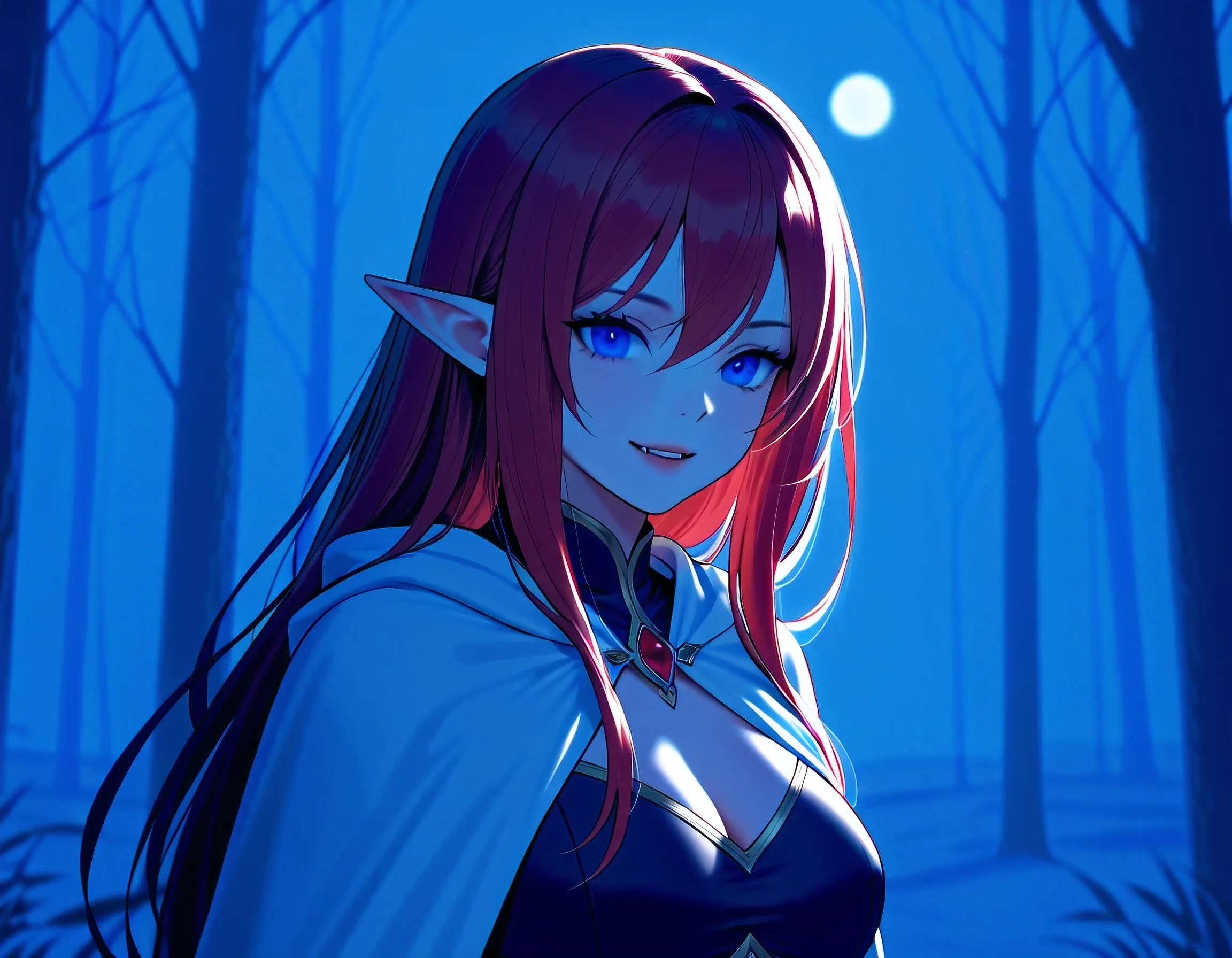 a portrait of a female elf vampire traveling on the forest road, an exquisite beautiful female elf (ultra details, Masterpiece, best quality), red hair, small pointed ears, pale skin, long hair, blue eyes, smirking, wearing dark black silk dress, intricate dress, dress (ultra details, Masterpiece, best quality), white cloak, in dark fantasy forest at night, dark trees, the moon is high in the sky, best anatomy, high details, best quality, 16k, [ultra detailed], masterpiece, best quality, (extremely detailed), close up, ultra wide shot, photorealistic, RAW, fantasy art, dnd art, fantasy art, realistic art,((best quality)), ((masterpiece)), (detailed), perfect face, RAW, dark fantasy art, anime, NRART, fangs style, Cinematic Shot