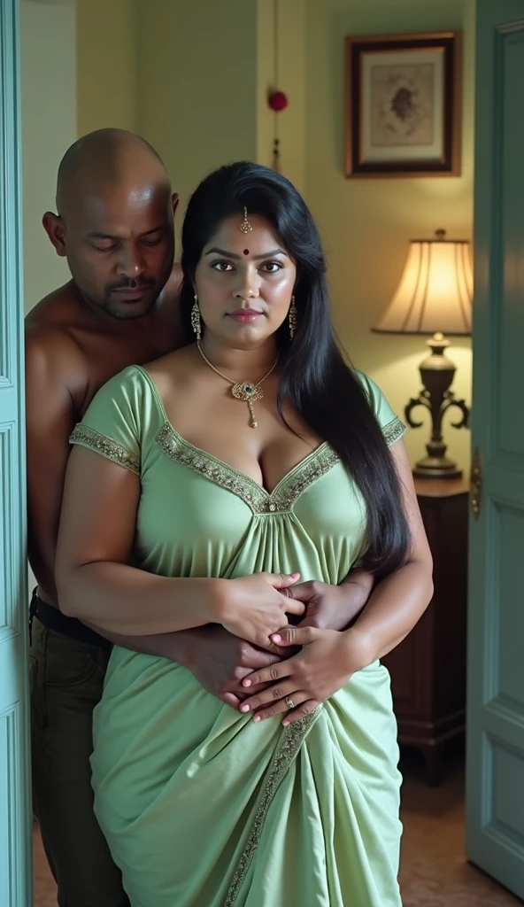 A slimmed Indian husband sitting on his fat gigantic Indian wife's lap.