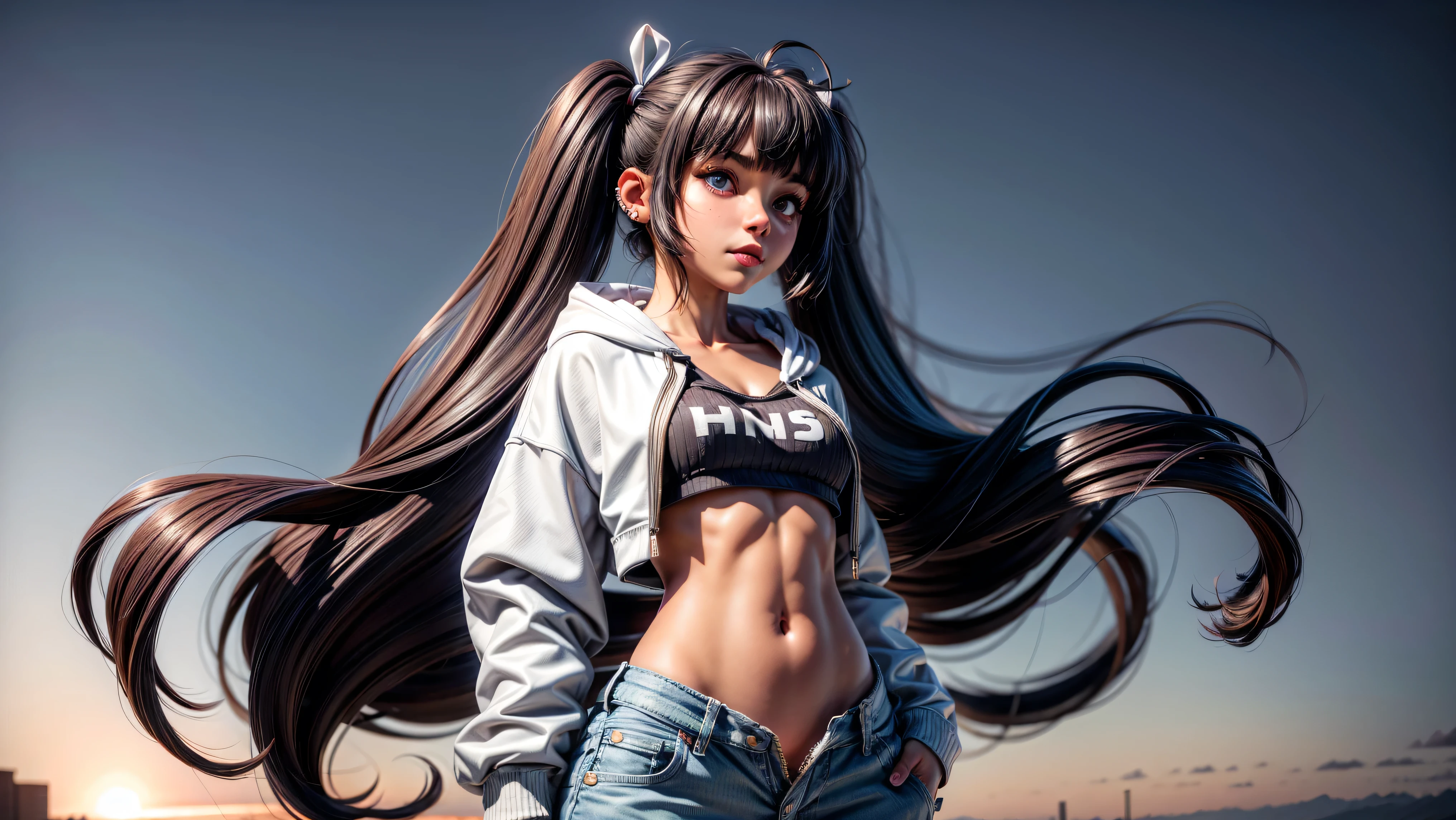 1girl, solo, long hair, open hoodie, white hoodie, midriff, looking at viewer, sexy, pants low on hips, ((unbuttoned pants)), cowboy shot, (full body portrait), black hair, hip-hop, lips, sexy mouth, ribbon, hair ribbon, bangs, upper body, part side up, blue eyed, bangs, black ribbon, ribbed hoodie, twin tails, pierced nose,
