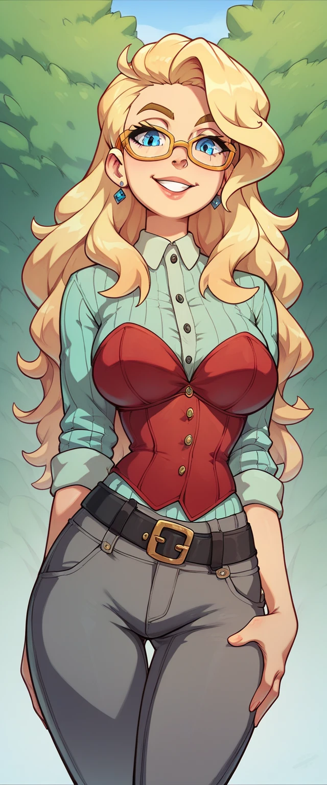 Thin woman, 4K, beautiful smiling, teacher in red v-neck dress shirt (with ruffles), red belt, long black frilled skirt, Caucasian skin, round glasses, blonde hair with round ponytail, eyes browns, busty. comic style, white background.