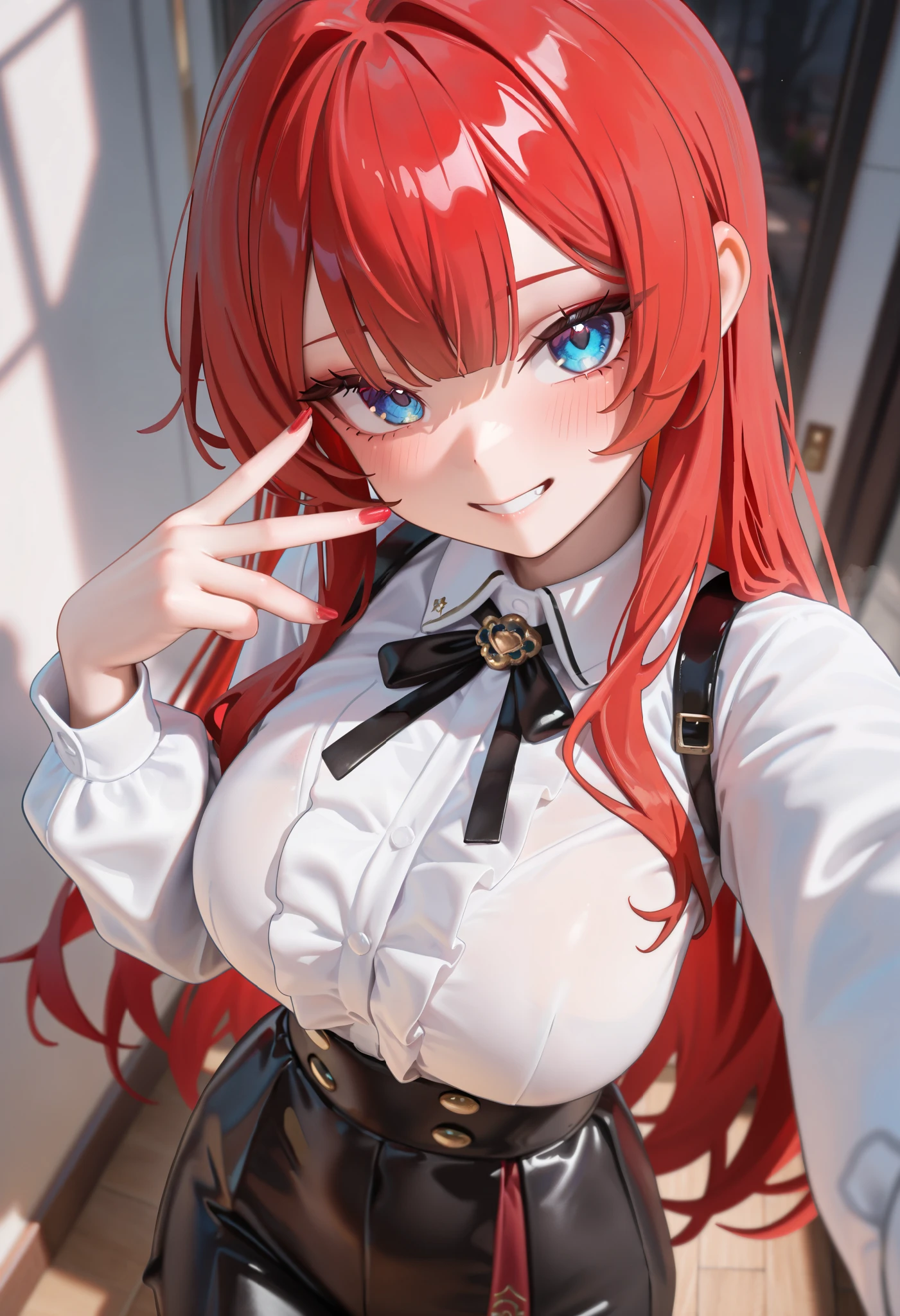 masterpiece, best quality, highly detailed background, perfect lighting, best quality, (extremely detailed face), volumetric lighting, intricate details, shadow, tonemapping, sharp focus, hyper detailed, trending on Artstation, (solo) ((Looking at the viewer)) (long red hair) (Hair over face) (only one eye visible) (curvy) (Big breasts) (black corset) (transparent skirt) (fishnet stockings) ((Blue eyes)) ((human)) (sexy pose)