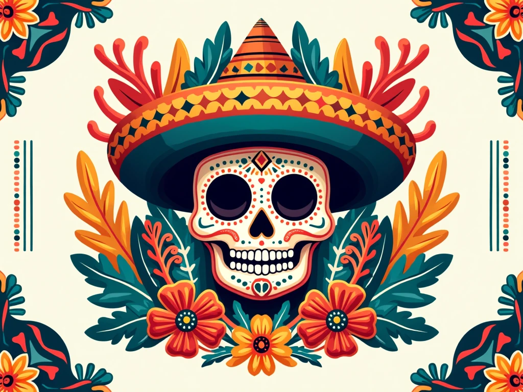 Mexican Day of the Dead, Single Calavera, Sugar Skull, Vibrant Colors, Marigold Flowers, Intricate Patterns, Curving Vines, Playful Eyes, Limited Space, Joyful Remembrance.