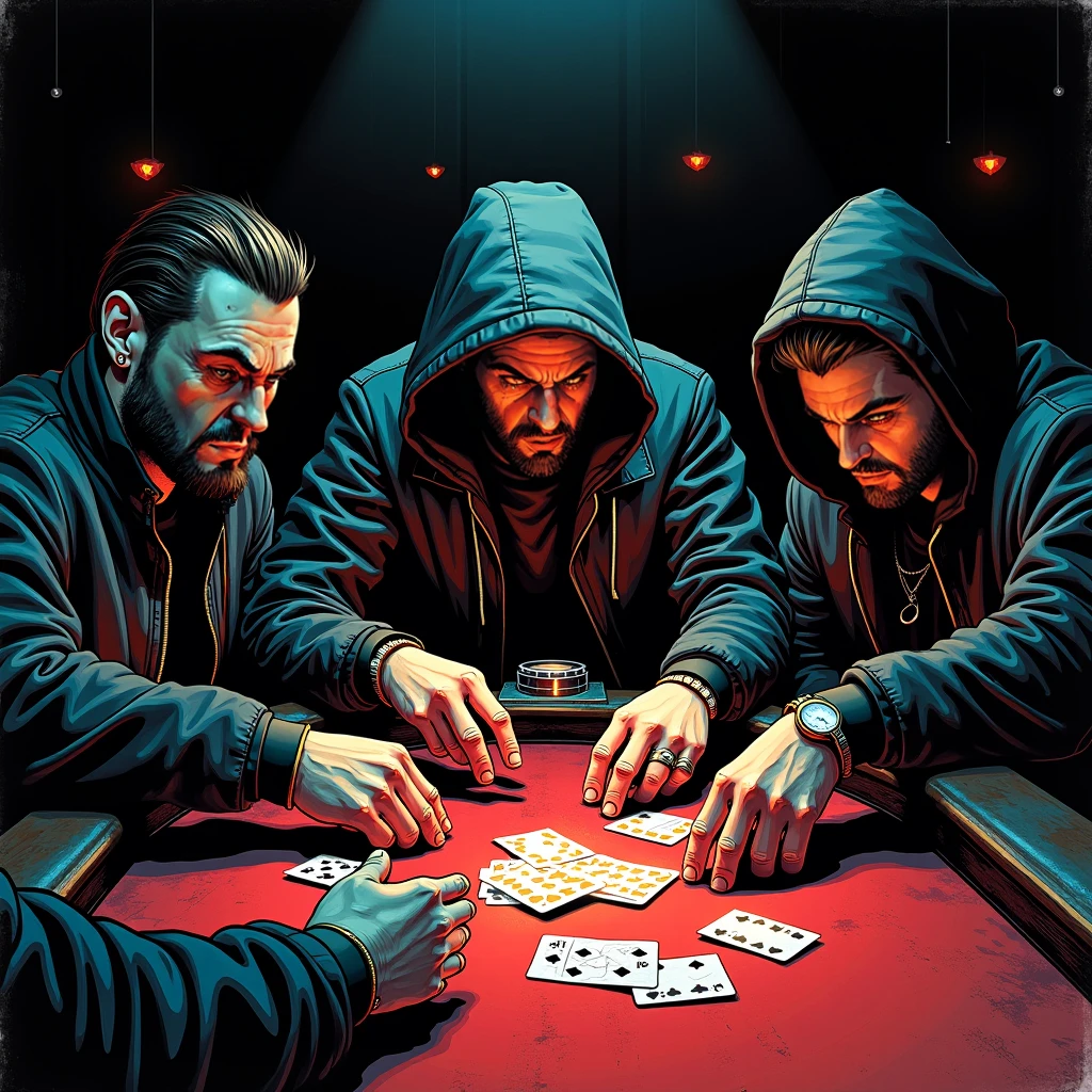 Dealer and players sitting at a poker table、(Several game cards lying face down:1.3)、A large number of betting chips、Tense game moments、dramatic scene、(Game cards played:1.2)、Wooden table、Dynamic configuration、(Highest quality、4K、8k、High resolution、masterpiece:1.2)、Super detailed、(Real、Photorealistic、Photorealistic:1.37)、Beautifully detailed face and hands、Highly detailed eyes and facial features、Dramatic lighting、Cinematic angle、Complex Texture、Warm tones、Chiaroscuro Lighting、Moody atmosphere、