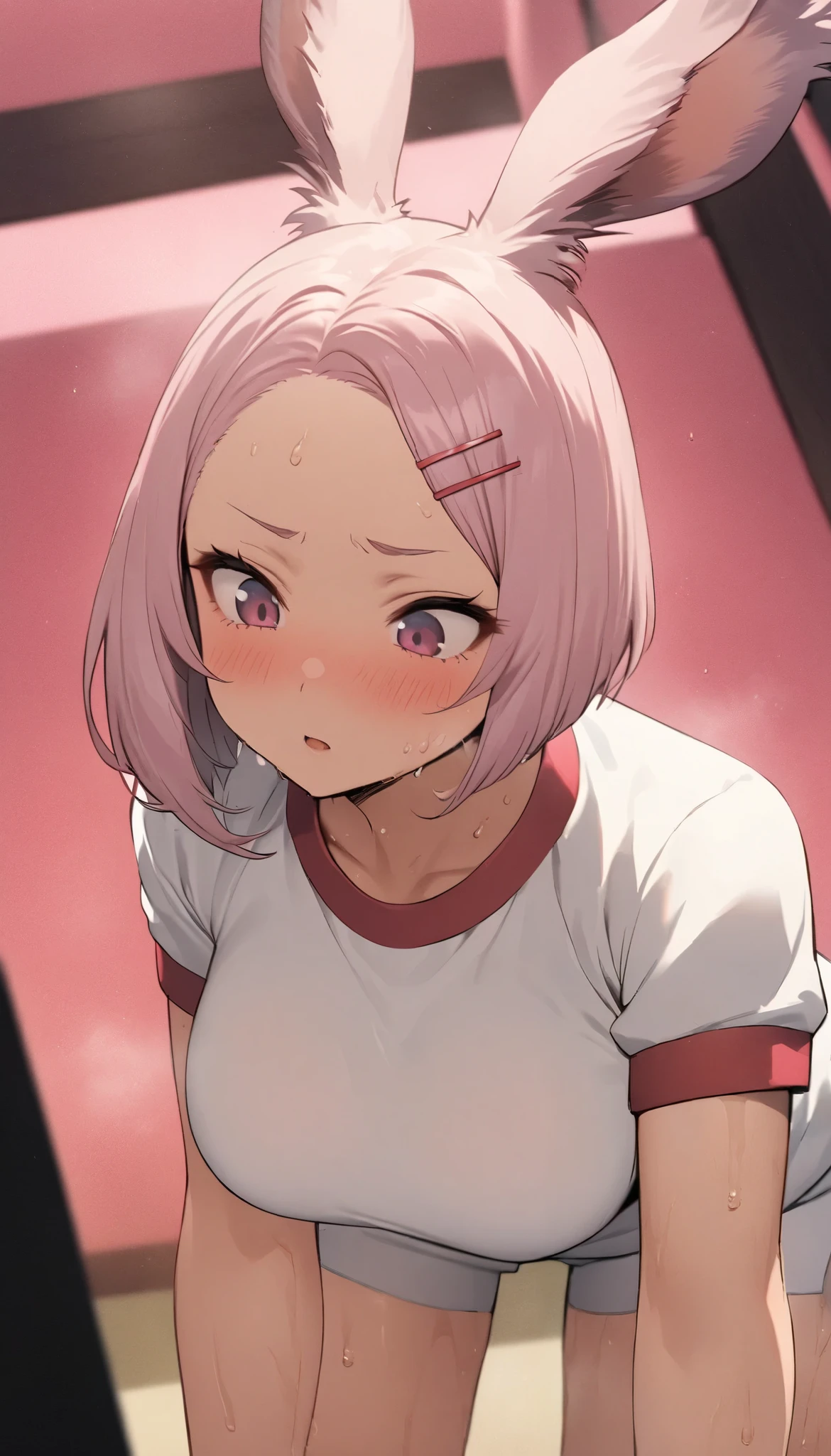 A Viera girl、 white gym clothes、 one-curl bob cut, top quality、 sweaty body、、Japanese Moans、 big breasted with a cross eye、( forehead )、 hairpins、( Force Perspective )、()、( crouch)、( pink room)