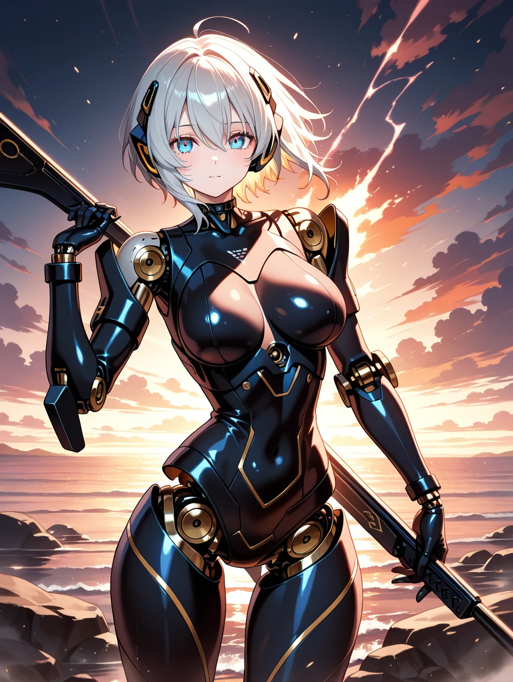 Highest quality, masterpiece, The finer details, Very delicate 8k wallpaper, (1 Beautiful Machine Girl), (Beautiful Eyes), Long eyelashes, Compensate, Short Hair, Pink Lips, Five mechanical finger joints, Mechanical Hand, Mechanical legs: 1.1), colorful, (Flying sparks), (Exoskeleton Leotard), garter belt, (Exposed lower chest, Exposed thighs: 1.2), (The lower abdomen connected to the power source and many colorful cables:1.5), (Mechanical Harrow), Cyberpunk City, Sitting