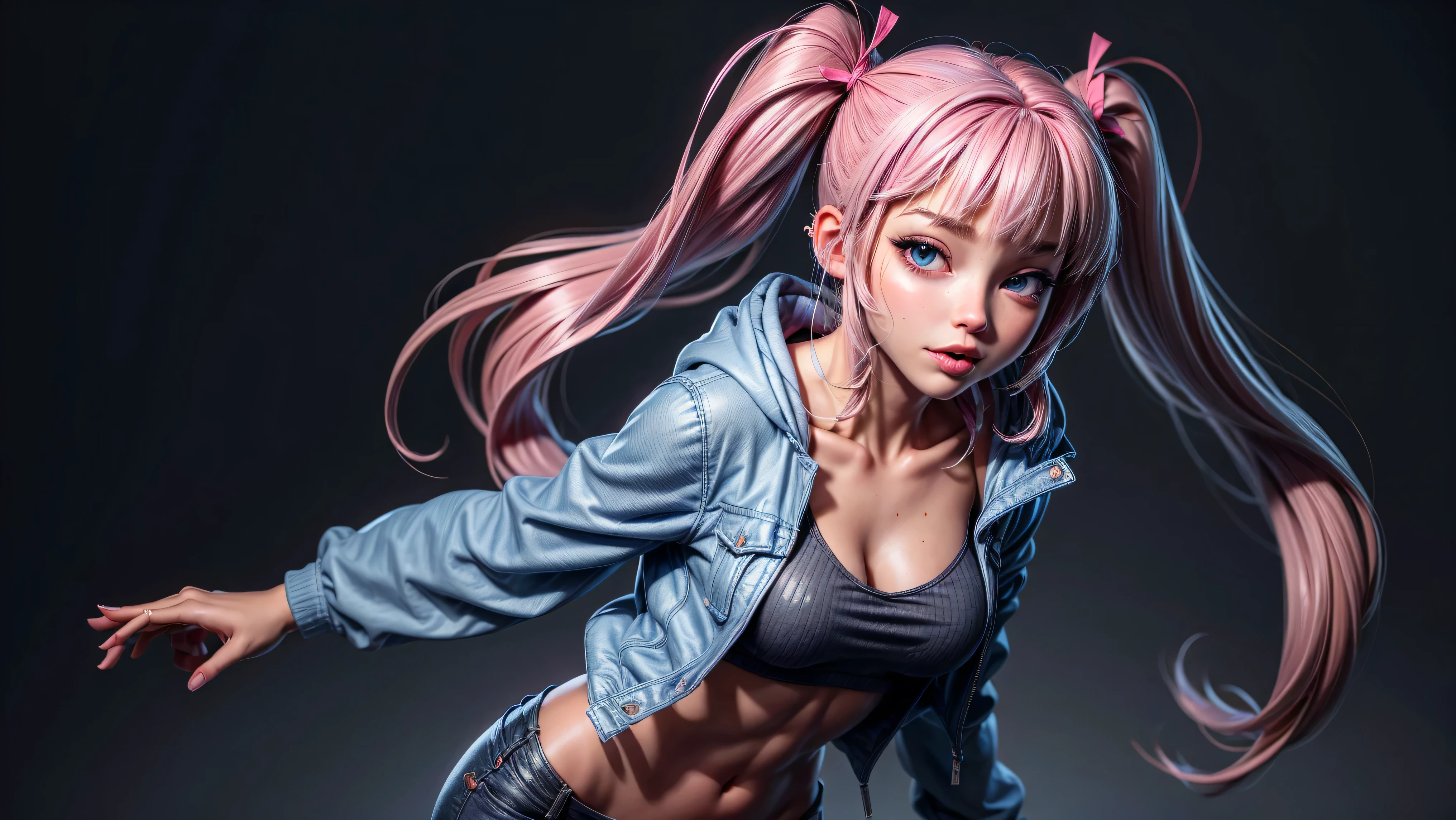 1girl, solo, long hair, open hoodie, white hoodie, midriff, looking at viewer, sexy, pants low on hips, ((unbuttoned pants)), cowboy shot, (full body portrait), black hair, hip-hop, lips, sexy mouth, ribbon, hair ribbon, bangs, upper body, part side up, blue eyed, bangs, black ribbon, ribbed hoodie, twin tails, pierced nose,