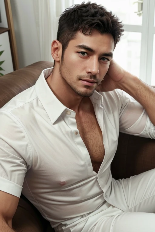 A 24 year old man, has a masculine, muscular body and a six pack, not wearing clothes, dark blue hair with light highlights at the roots, black eye color, big nose, height 180 cm, wearing white trousers, his gaze was seductive, sitting pose facing the camera, has a handsome and dashing face, art style anime 2D,