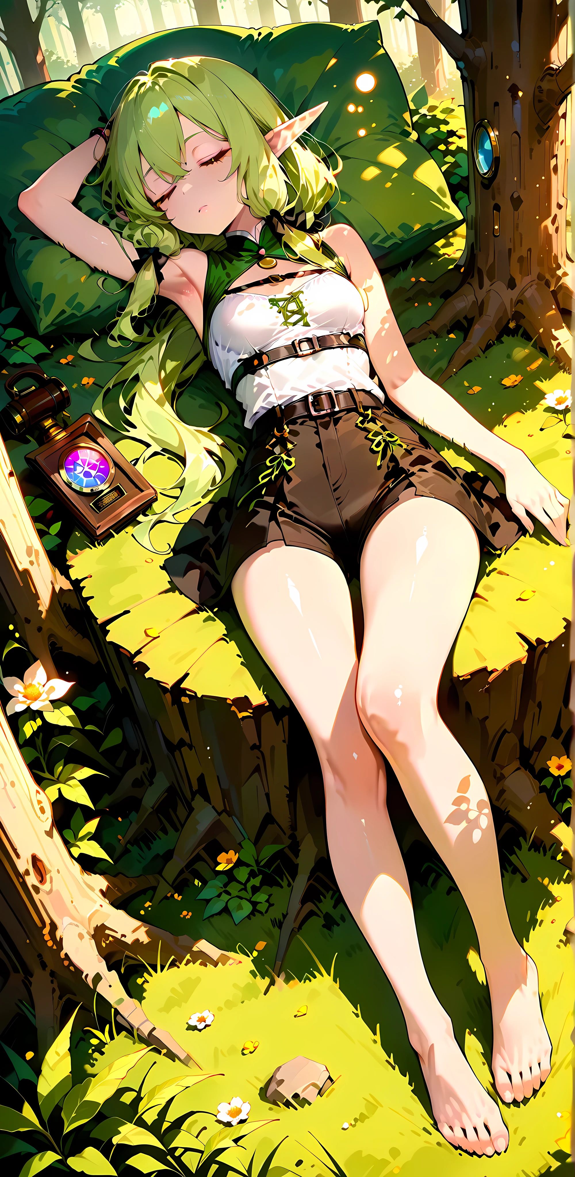 8k, (masterpiece), best quality, perfect face,perfect body, 1 woman, 1female, 1 girl,solo,detailed skin, mature female, intricate eyes, beautiful face, lips,extremely beautiful lips, full mouth, shiny skin, traight-on, thick outlines, mature female, absurdres,light and shadows, Best Quality,8k,High resolution,masterpiece:1.2), (ultra detailed), (NSFW is not safe for artwork), (Anzu Mazaki) (Yu-gi-oh setup), (pose sexual), (realist,photorealist,fotorrealista:1.37), (High DefinitionR,High Definition), (portrait), (vivid colors), (long legs), (clearly elongated face), (broad) (Hermosos detailed eyes), (beautiful detailed lips), (extremely detailed eyes and face), bright eyes Dynamic angle and posture, Award Winning, High Details,
[Scene: [ ((solo:1.5)), (an intricately detailed dynamic shot of a -year-old fema, ((((elf Girl, female elf)))), ((hyperdetailed scenery)), ((full body, dynamic pose, sleeping in the forest, barefoot, toes nailed, barelegs)), ((full mouth)), ((dynamic angle, sharp focus, depth of field, bokeh)),  ((sleeping)), (((magic forest))) ((forest)), ((barefoot)) ((bioluminescent plants)) ((radioactive plants))]
Body: [ ((,shiny skin, traight-on, thick outlines, slender body))),light makeups, (((5' body height, athletic, thin waist, wide hips, thin shoulders))), lips,  (head in front of view:1.5),(((round breasts, small breasts, breasts together))), ((short stature body type)),(Pointy Ears), ],
Head: [, ((pastel-green hair:1.5))), ((green hair)), ), (((sad, closed mouth:1.3))),  ((closed eyes)), ((sleeping))  ((Green Hair, Hair Over Shoulder)) ]
Clothing: [ (((((Military women clothes mix with elf archer outfit)), espada clothes, The green accents on her outfit glow faintly, ((hyperdetailed clothing and fashion)), (military short:1.3), ((elfattire)), ]], dbsb, 