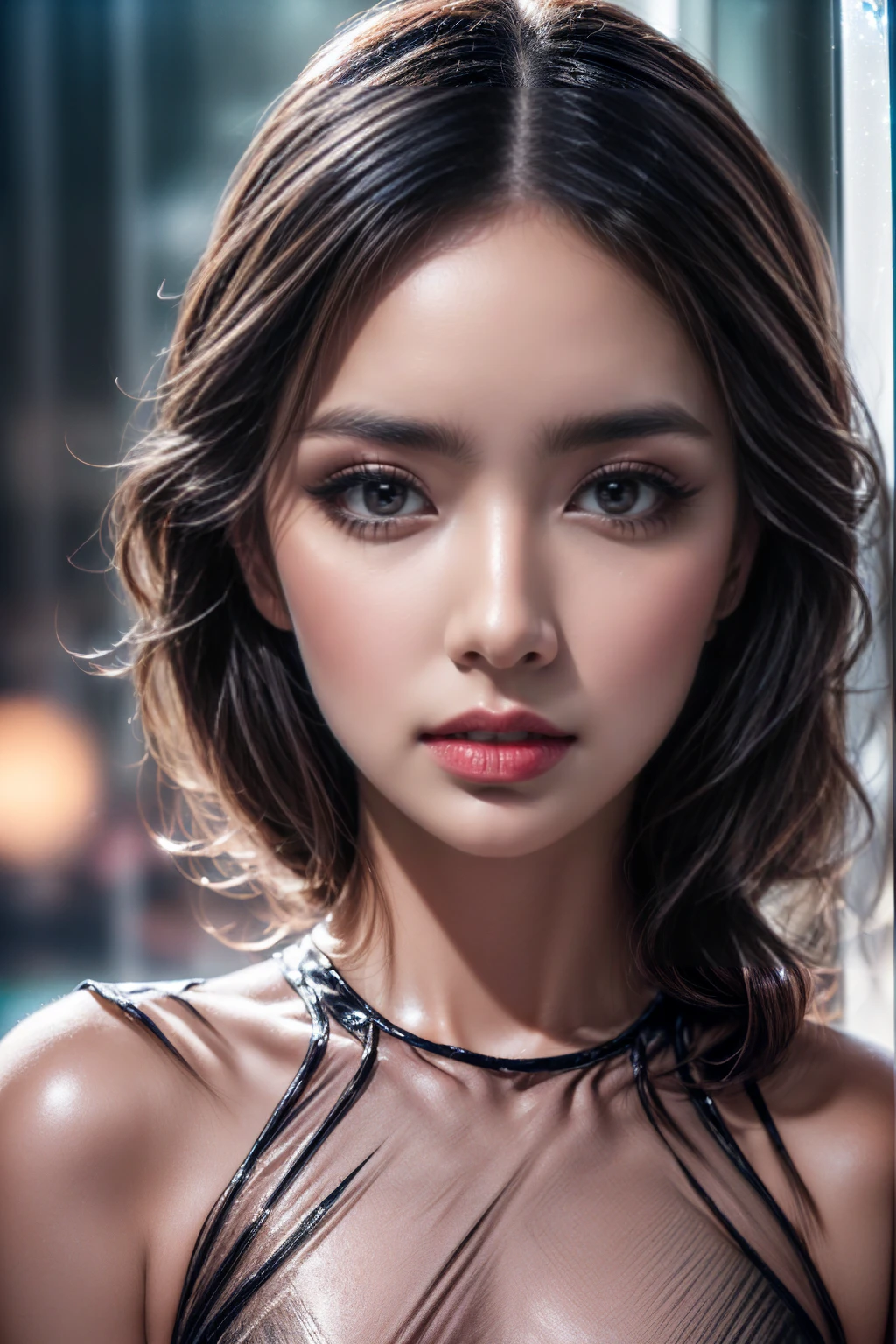Realistic (photorealistic Realism), (high resolution), ((intricately detailed digital art)), professional photography, ((portrait)) a cute 1 Female, European, (ultra realistic texture details: velvety skin, hair),((sharp focus, no blurr eyes, high resolution, absurd quality, Realistic dark eyes:1.3),intricately detail:1.3),((extremely fine details eyes))((extra narrow eyebrows))(Carefully draw Long eyelashes:1.2)(perfect round eyes:1.3).((finely detailed pupils:1.3))((extremely fine details pupils:1.3))((extremely fine details iris of the eyes:1.35))(Shining, mesmerizing, Vibrant eyes:1.22).(professional makeup:1.4)((perfect dark_eyeshadows:1.4)),detailed lips:1.3,(apply glossy red_lipstick:1.3)(pink_makeup:1.28), (beautiful little nose), (perfect proportions:1.2),(small head),(anatomically correct), ((transparent glass dress:1.3))、 and fantasy magic, (dynamic random fancy, professional hairstyles)、perfect female body, (Glamour, paparazzi taking pictures of her), ((glowing glass dress:1.3))、(makeup:1.23)、((she attracting lightnings, light effect, feminine, electricity aura)), ((cowboy shot))