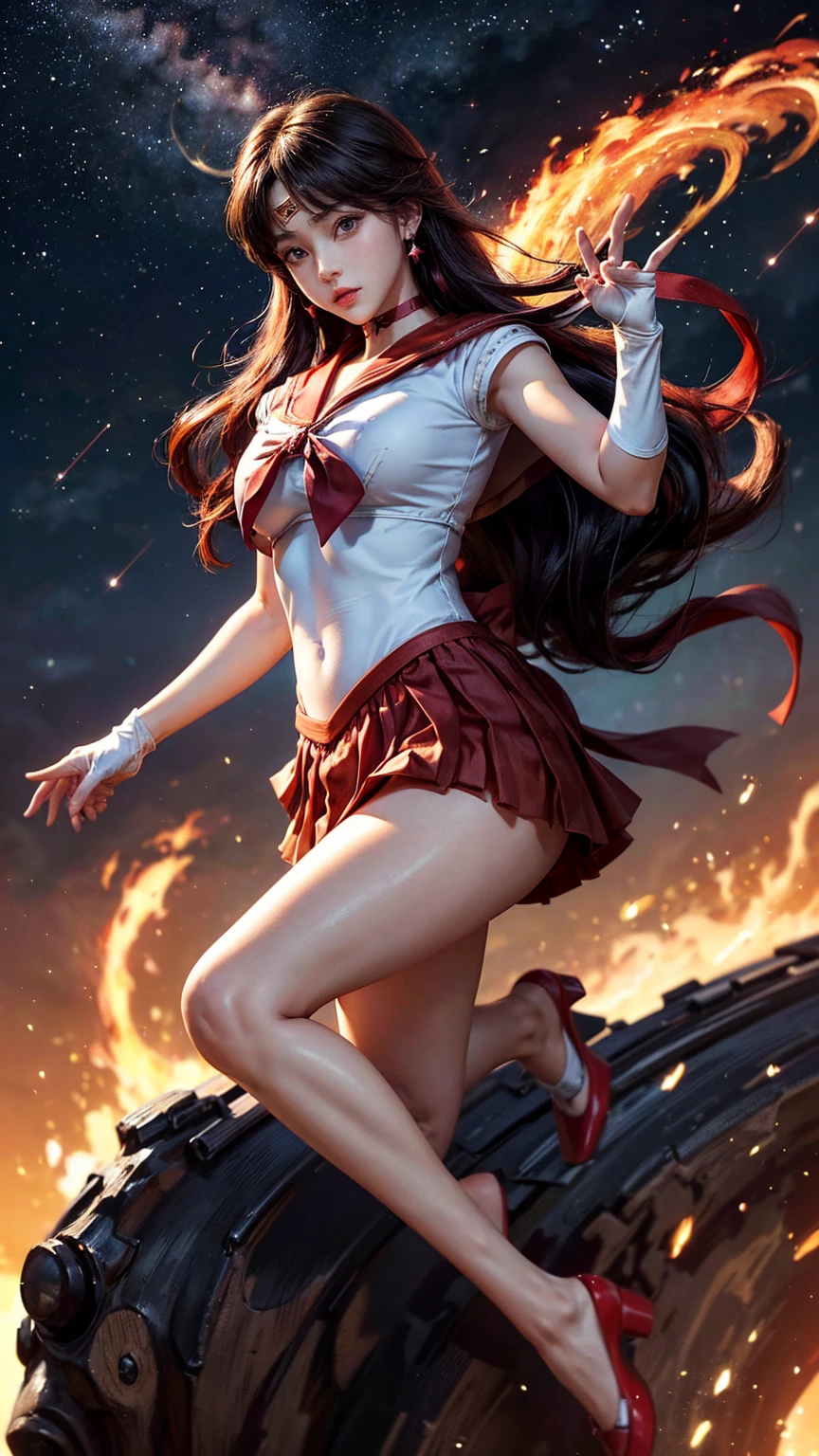 A rei Nano in line with the original painting of Sailor Moon, Mari Mars Fire, Japanese sailor suit, Japanese high school student, white V-neck top, high-waisted red short skirt, skirt covering butt, flesh-colored oily stockings to waist, white combat gloves, warrior attire, short top, , gold trim, star brooch, front split design, red bow on head, combat gloves, white high boots, shin guards with flame pattern, belt detail, high-quality texture, bright colors, beautiful and charming characters, beautifully realistic,, Original manga character setting, small man's waist, big ass, golden ratio, tall and long legs, vivid expression, charming eyes, delicate and soft skin, long black hair, dynamic hairstyle, smoky makeup or natural makeup, colorful background, shining starry sky, gorgeous cityscape, fantasy magic world, full and rich colors, HD details, exquisite rendering, stereoscopic, realistic image, light and shadow application, (sword eyebrow: 0.1), (high nose bridge: 0.6), (smile: 0.6), long red hair, (big breasts: 1.1), red eyes, sexy, small waist, (big buttocks), sheer cardigan, slim, (masterpiece: 1.2, superb), realistic, 22 years old, (real shot, fine crafted, depth of field), (1girl, solo), makeup, noble, (noble shirt and leggings: 1.3), elegant, blush, dignified, pride, confidence, (fair and shiny skin), Gorgeous and diverse accessories, mature, (thin), (big ass: 1.3), bonny, (small mouth), full body, black super long hair, wet body, red bow on clothes, gold headwear, ultra HD, 8k, best light and shadow, best shadow, depth of field, lots of colorful bubbles, elevation view, long leg visual effect, (extended leg: 1.2), perspective enhancement, kicking action, fire effects, seaside, sunny day, water ripple refraction, colorful sea surface
