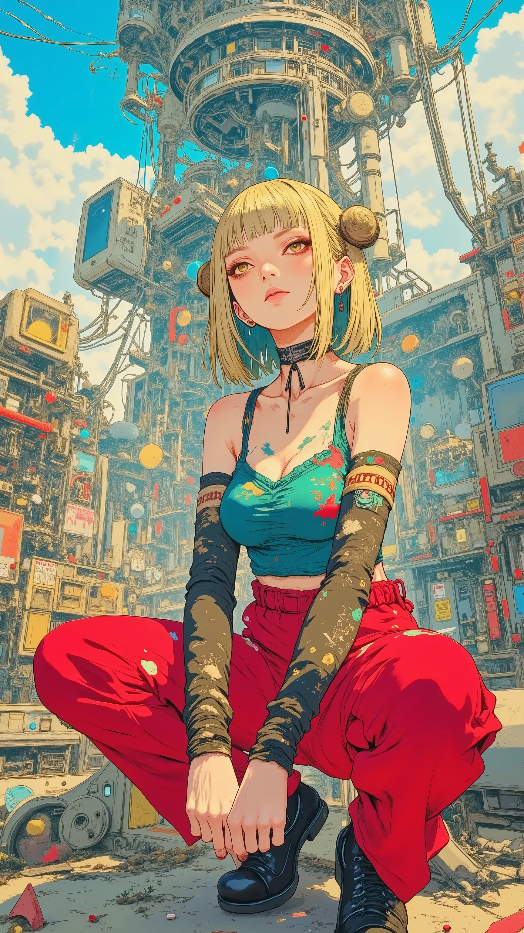 8k, masterpiece, highest quality, Korea's Beautiful Women, Low-angle, fisheye, close-up. Blonde, buns, bangs, East Asian, features, distinct. Teal sleeveless top, graphic, red pants, flared, stitching, frayed, brown arm warmers. Crouching, hands visible. Urban, industrial, bridge, vehicles, machinery, saturated, vintage, retro.