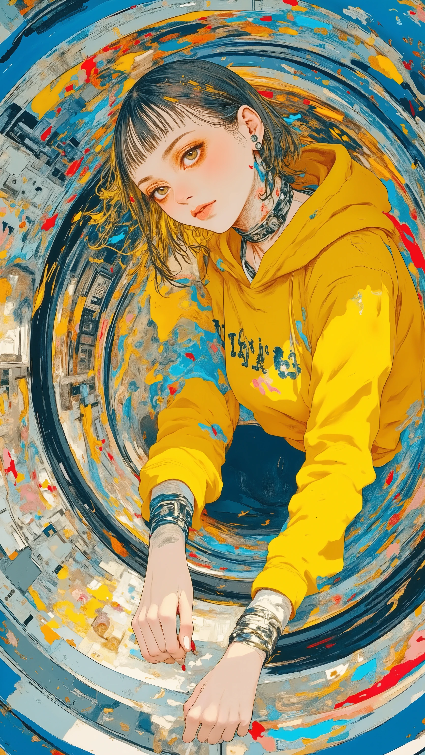 8k, masterpiece, highest quality, Korea's Beautiful Women, Washing machine interior view, circular door, person in yellow sweater reaching inside, blue and yellow laundry, reflective metal surfaces, distorted perspective, high contrast, vibrant colors, domestic life, unique angle, creative photography, hyper-realistic, detailed textures, everyday surrealism, urban lifestyle, contemporary art style