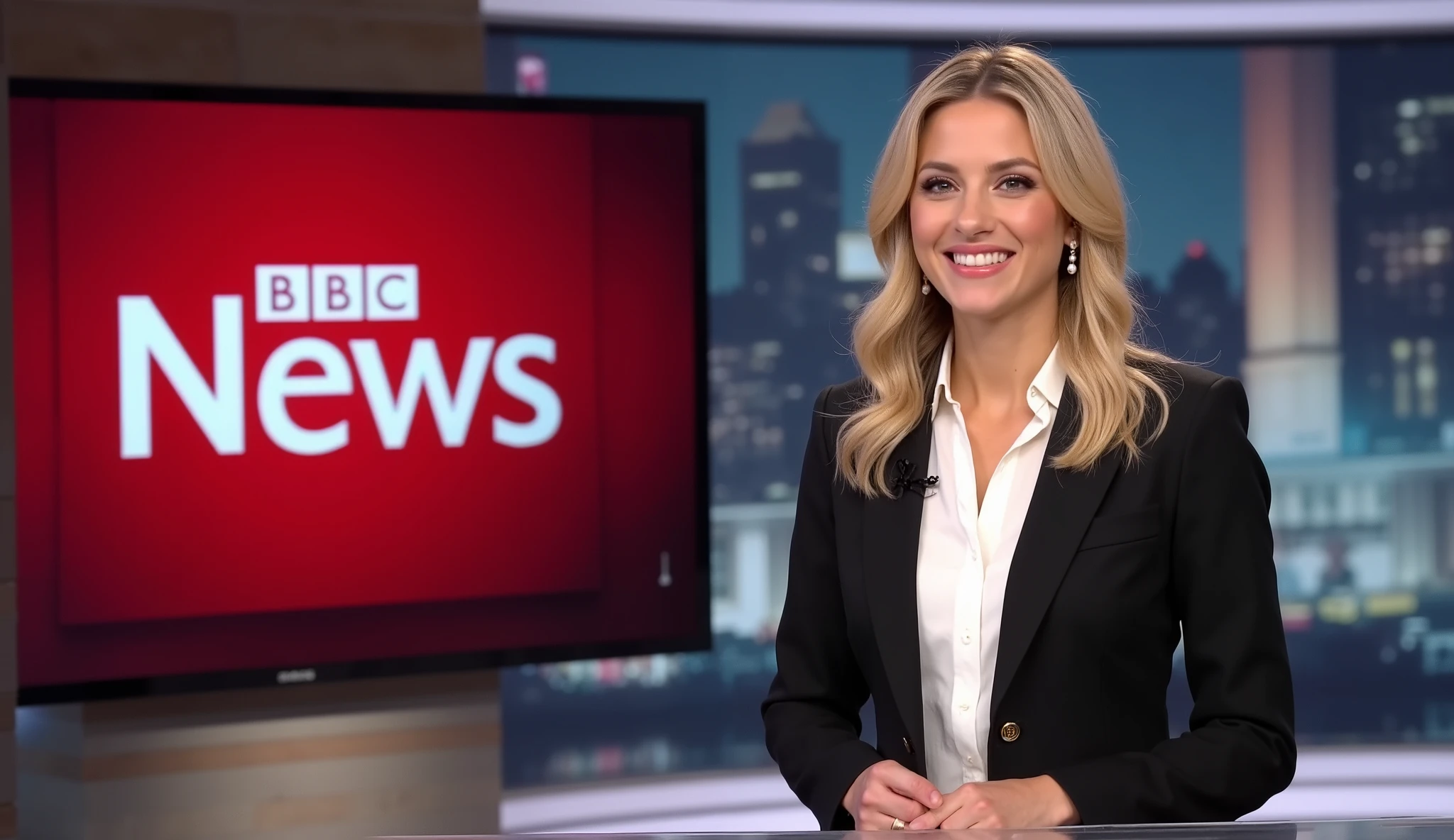 Writing red letter "BBC News", left upper screen ,Front view, Full body, left sanding, right big TV monitor in BBC NEWs, talking news, female New news anchor, 1 beautiful Scottish women ,25-age, (light golden middle hair, fringe, pearl earring ,smile) ,(E cup breasts, middle hip), (White elegant blouse, Black one button Jacket, micro mike), (Black pant, black hi heal) , News BBC Studio, back big monitor in foreign News video, (super detailed, High Details , High Quality , Accurate, anatomically correct , textured skin, beautiful fingers super detailed, High Details , High Quality , High Quality )