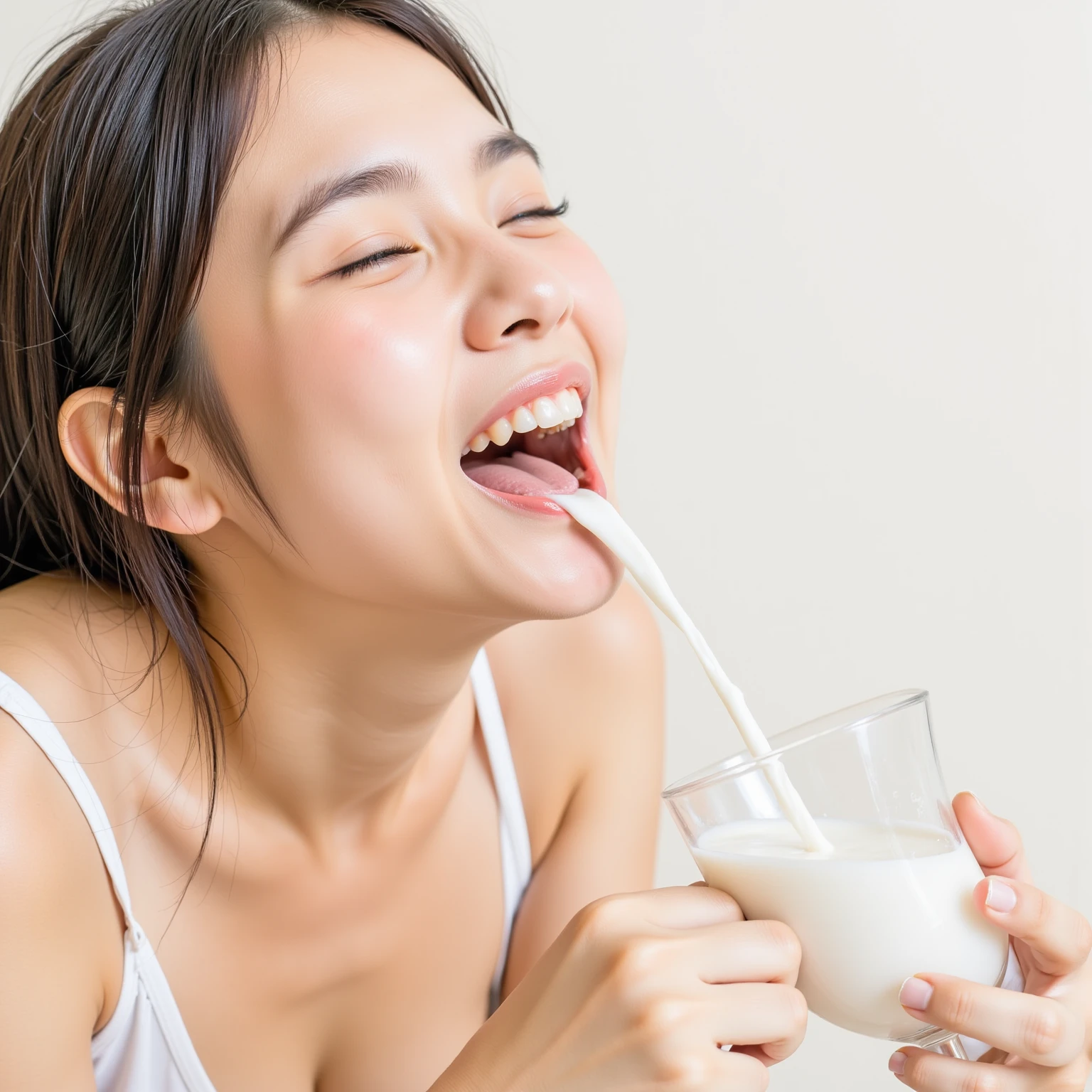 japanaese girl,(Open mouth:1.2),(Close your eyes :1.6), High quality, ultra-detailliert,Black short hair,(Thick white liquid coming out of the mouth:1.4),NSFW,Slender body,face focus,Raw photo,Photorealsitic